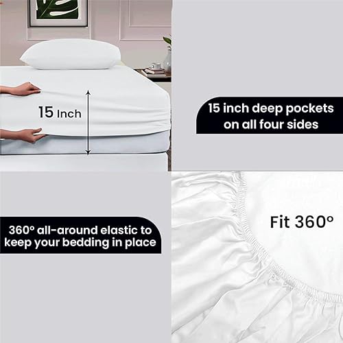 Miniatura 4 de SGI Bedding Sábana bajera ajustable 100% de algodón egipcio de 600 hilos, tamaño Queen, suave, tejido de satén liso de 15 pulgadas de profundidad,