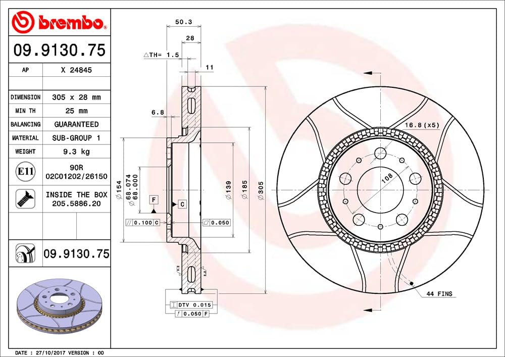 Brembo Max 09.9130.75 - Disco Freno Baffato (Set di 2) - Anteriore
