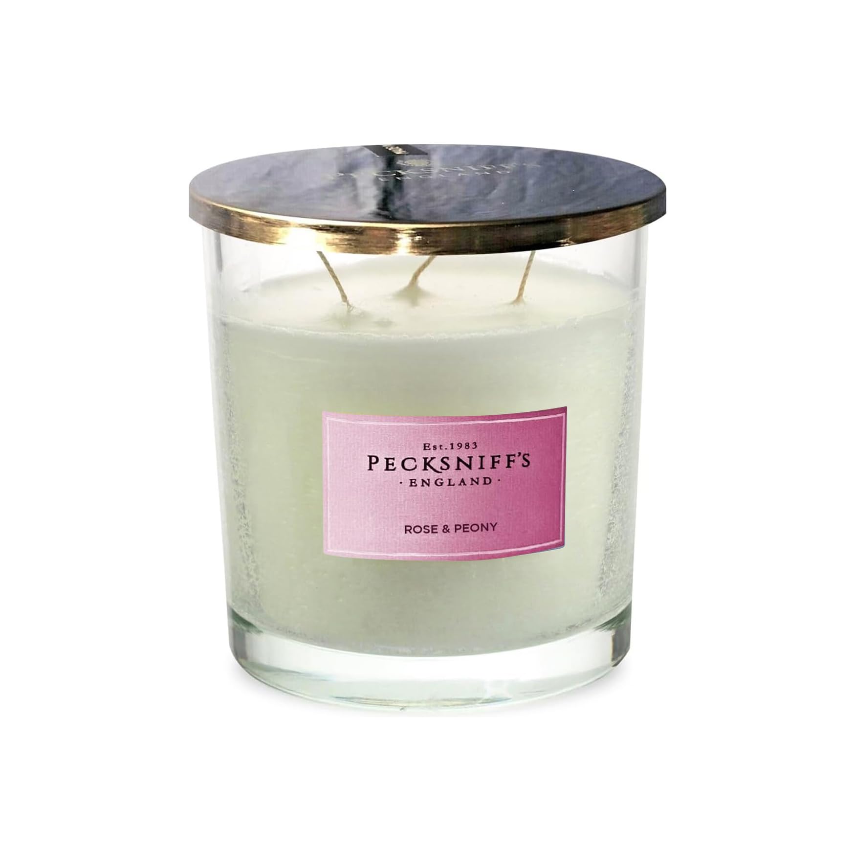 Pecksniffs White Scented Candle | Rose & Peony Fragrance Candles for Home Scented | Elegant Glass Vessel with Metal Lid | 3 Wicks Luxury Candles, 550g/19.4oz