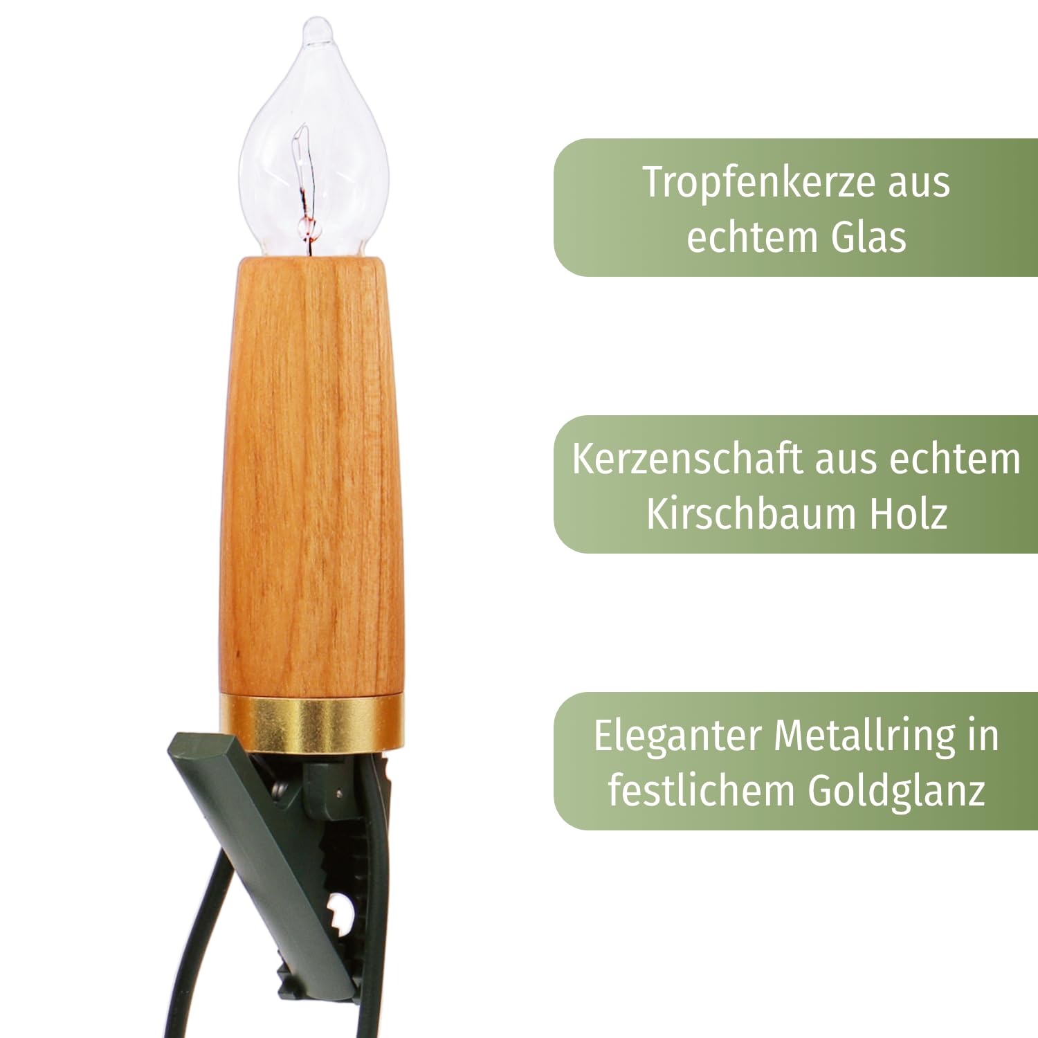 CLGarden Premium NARVA Kerzen Lichterkette Holzlichterkette 20 Schaftkerzen Holz Kirsche Weihnachtsbaum Beleuchtung Glas warm weiß elektrisch 230V innen