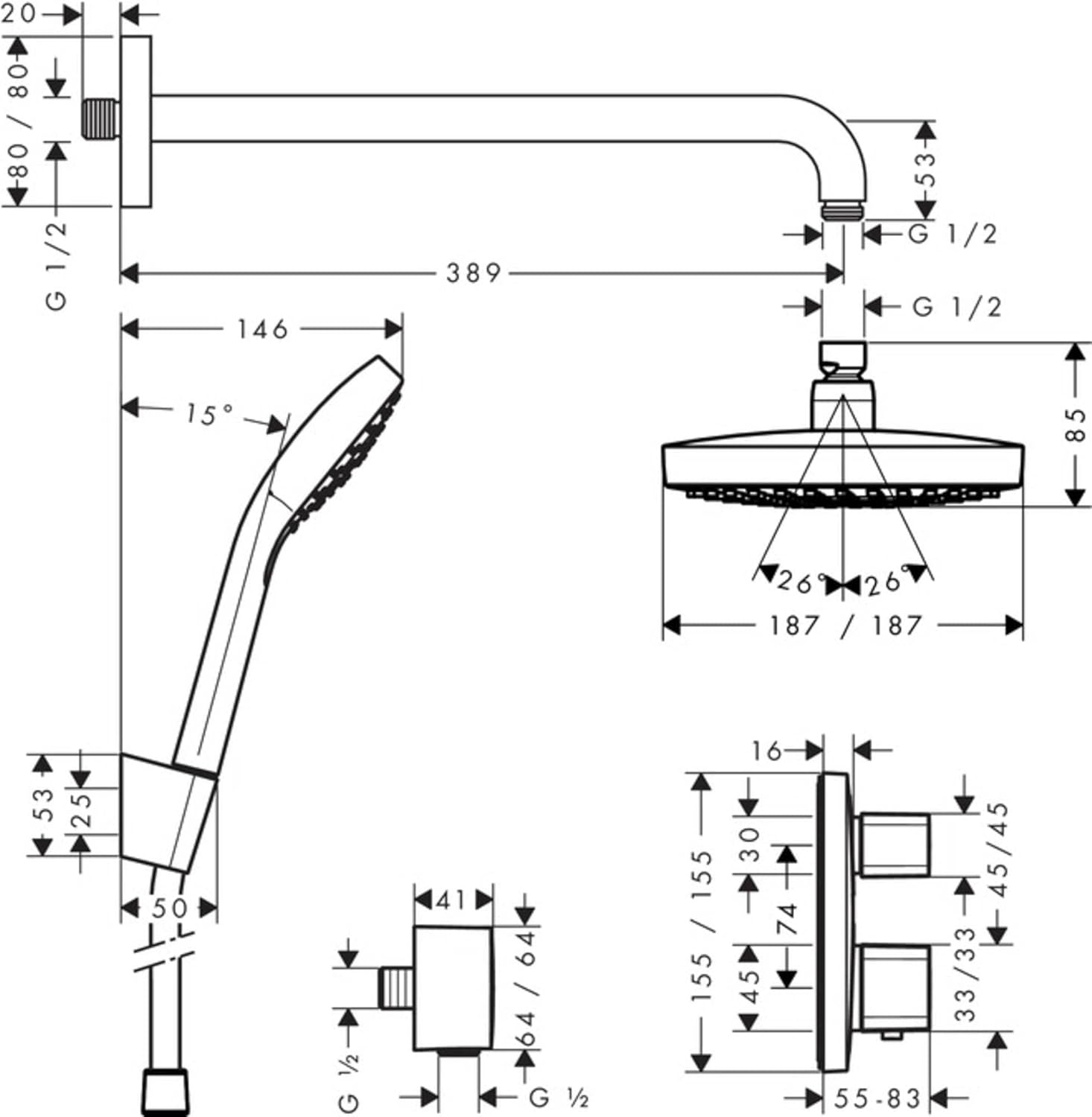Technical drawing with dimensions for Hansgrohe Croma Select Shower Combi Natie Set