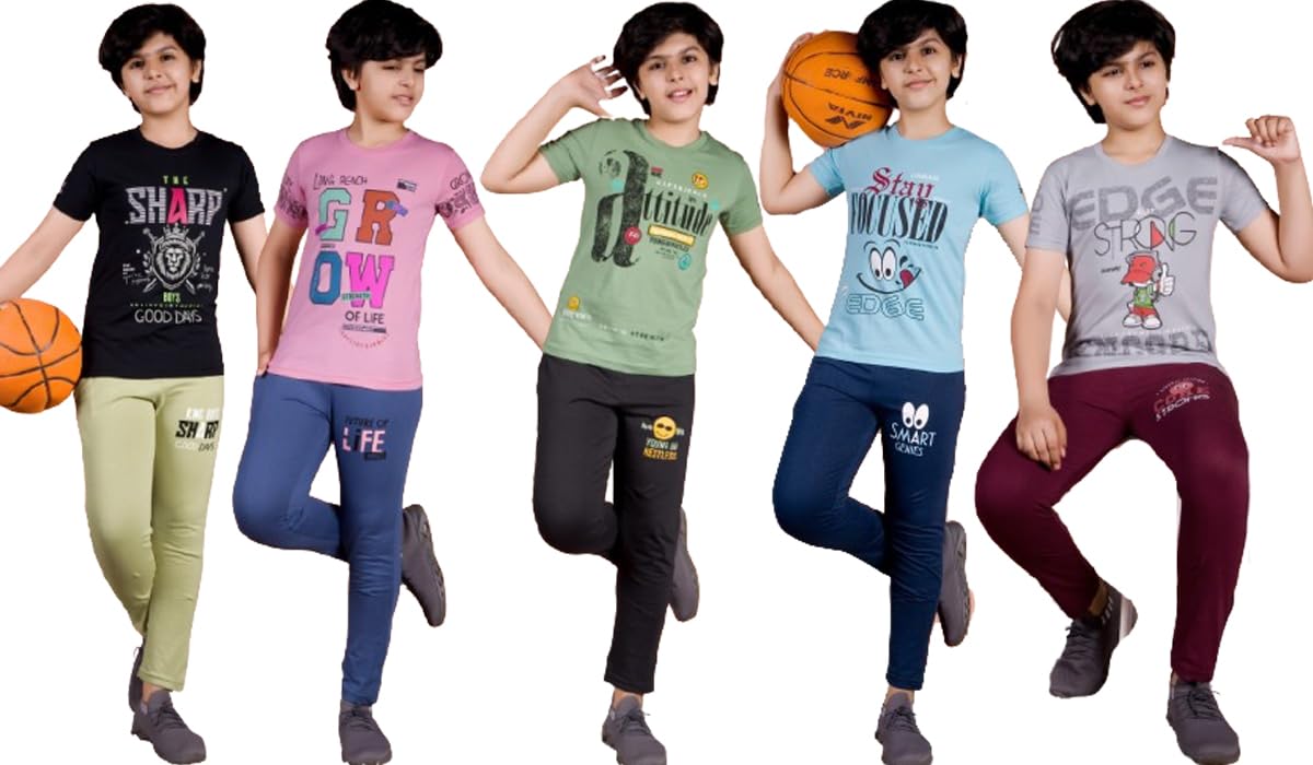 SK NAREN Boy's Cotton Nightwear Pajama Set Combo || Kids Nightwear Combo Set || Boys Clothing Set || Kids Clothing Set || Full Pant with T-Shirts || Pack of 5, Multicolored – Storm Combo Set