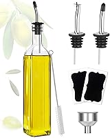 Showvigor 17oz Square Glass Olive Oil Dispenser with 2 Stainless Steel Pourers, Funnel, Brush & Labels - Leak-Proof Kitchen Cruet