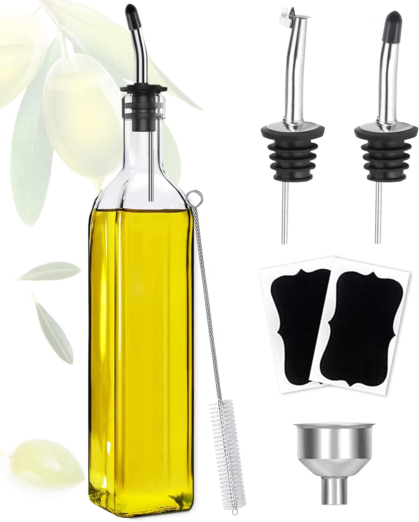 Olive Oil Dispenser Bottle, 500 ml Glass, 2 Stainless Steel Pourers, Adult, Indoor Use, Cooking, Flavoring, Outdoor Food Preparation