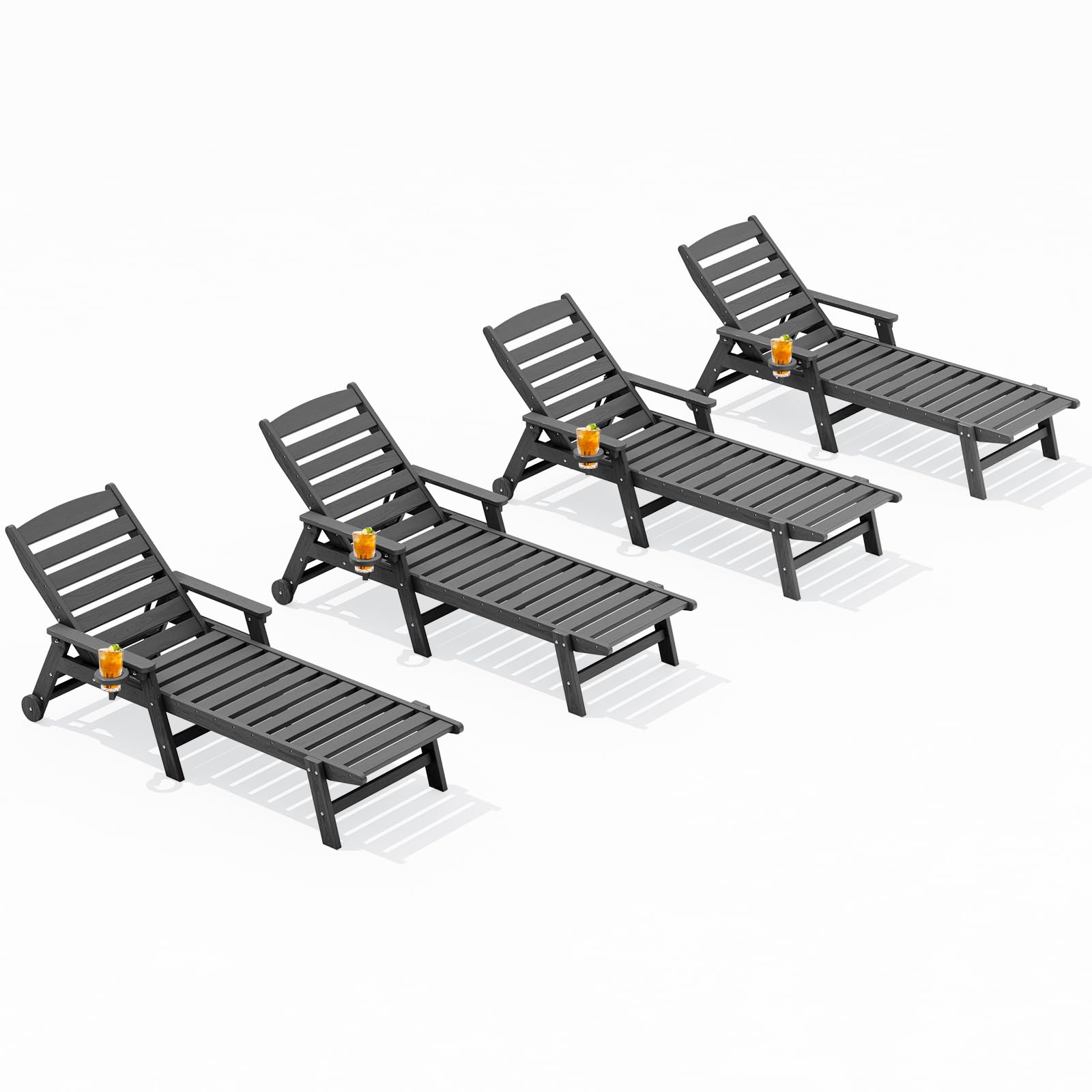 SERWALL HDPE Outdoor Lounge Chair Set of 4 with Cup Holder, Gray