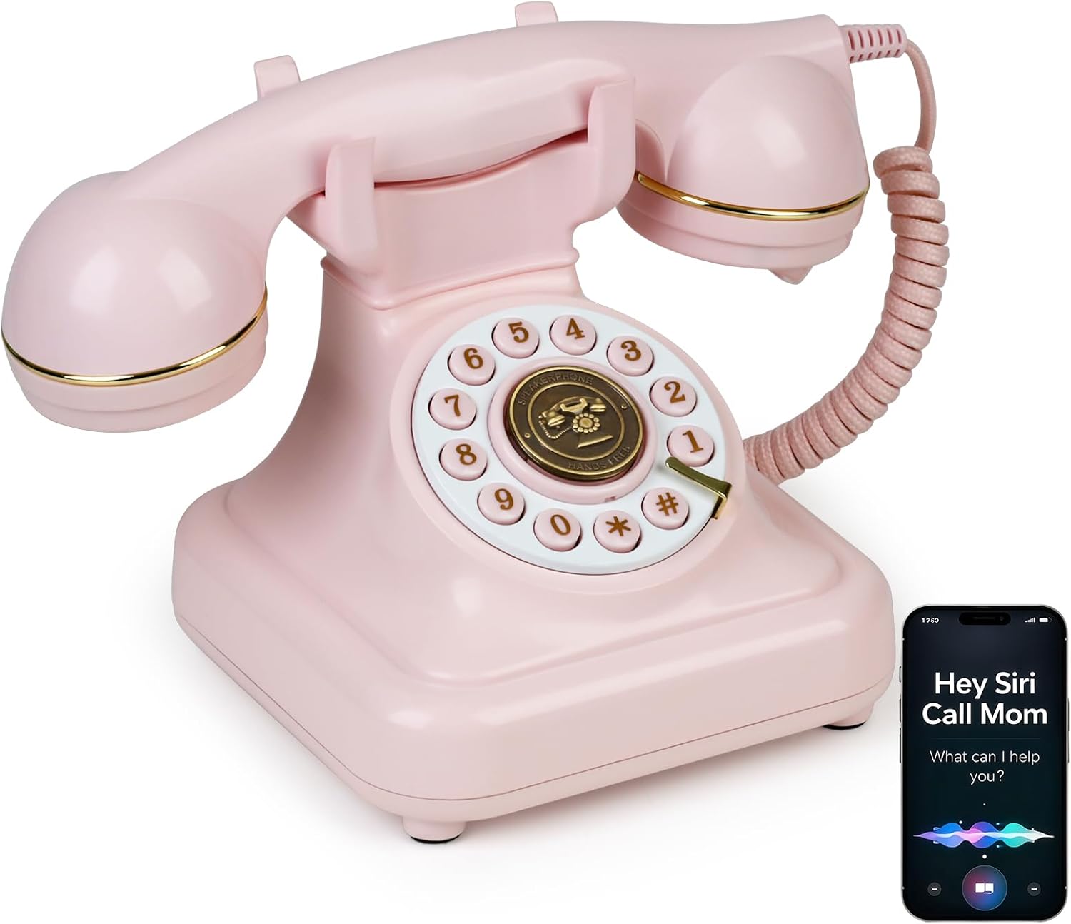 Sangyn Bluetooth Retro Phone with Voice Assistant, Bluetooth Landline Phone Compatible with Android & iOS, Wireless Bluetooth Physical Home Phone Telephone with Speakerphone & Volume Control, Pink