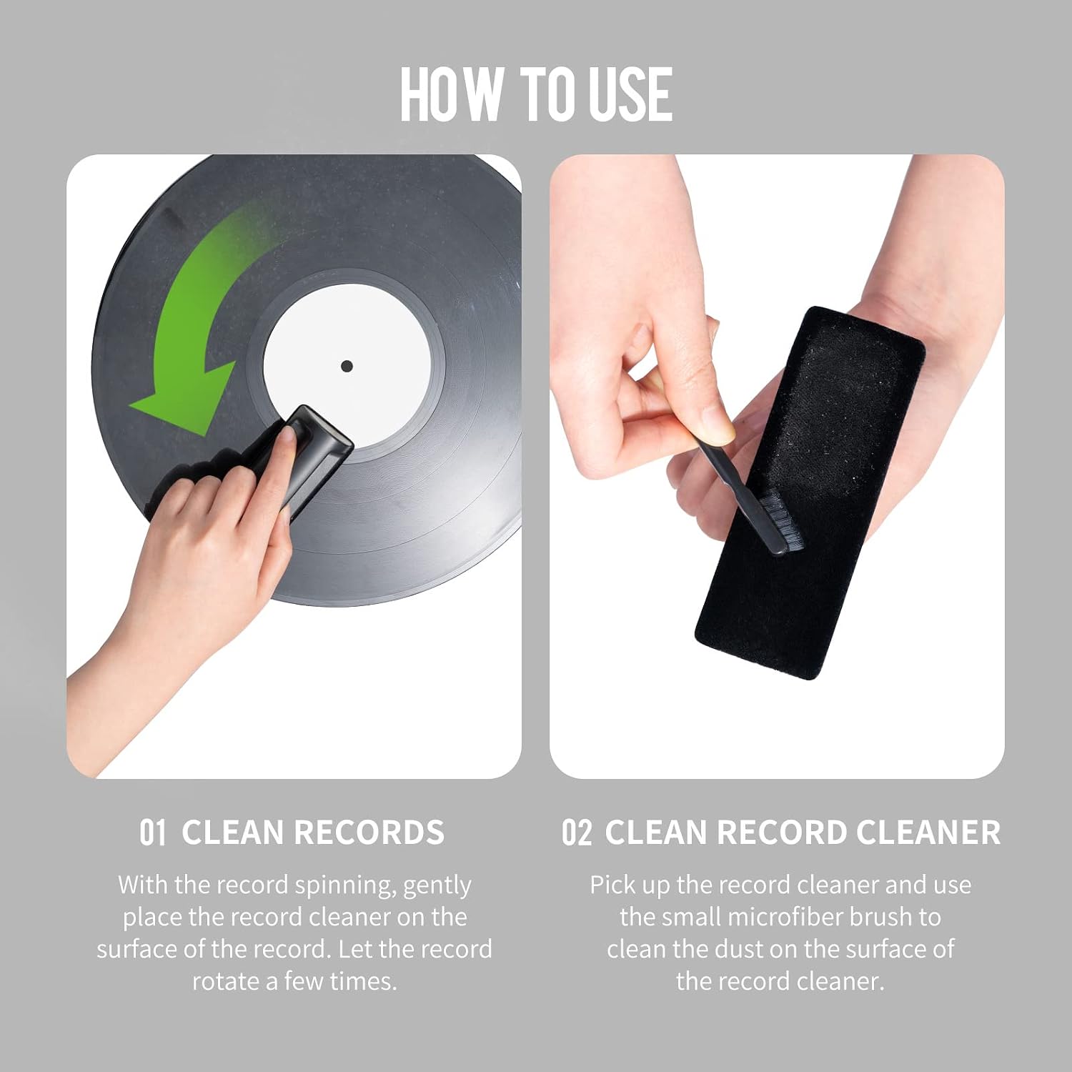 CLICK CLEAN Vinyl Record Cleaner Kit, Anti-Static, Includes Ultra-Soft Velvet Brush & Small Microfiber Brush, Drawstring Storage Pouch