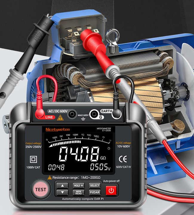 ET-2500 Digital Megohmmeter High Voltage Insulation Meter Insulation Resistance Tester 250/500V/1000V/2000V/2500V Super Clear VA Display