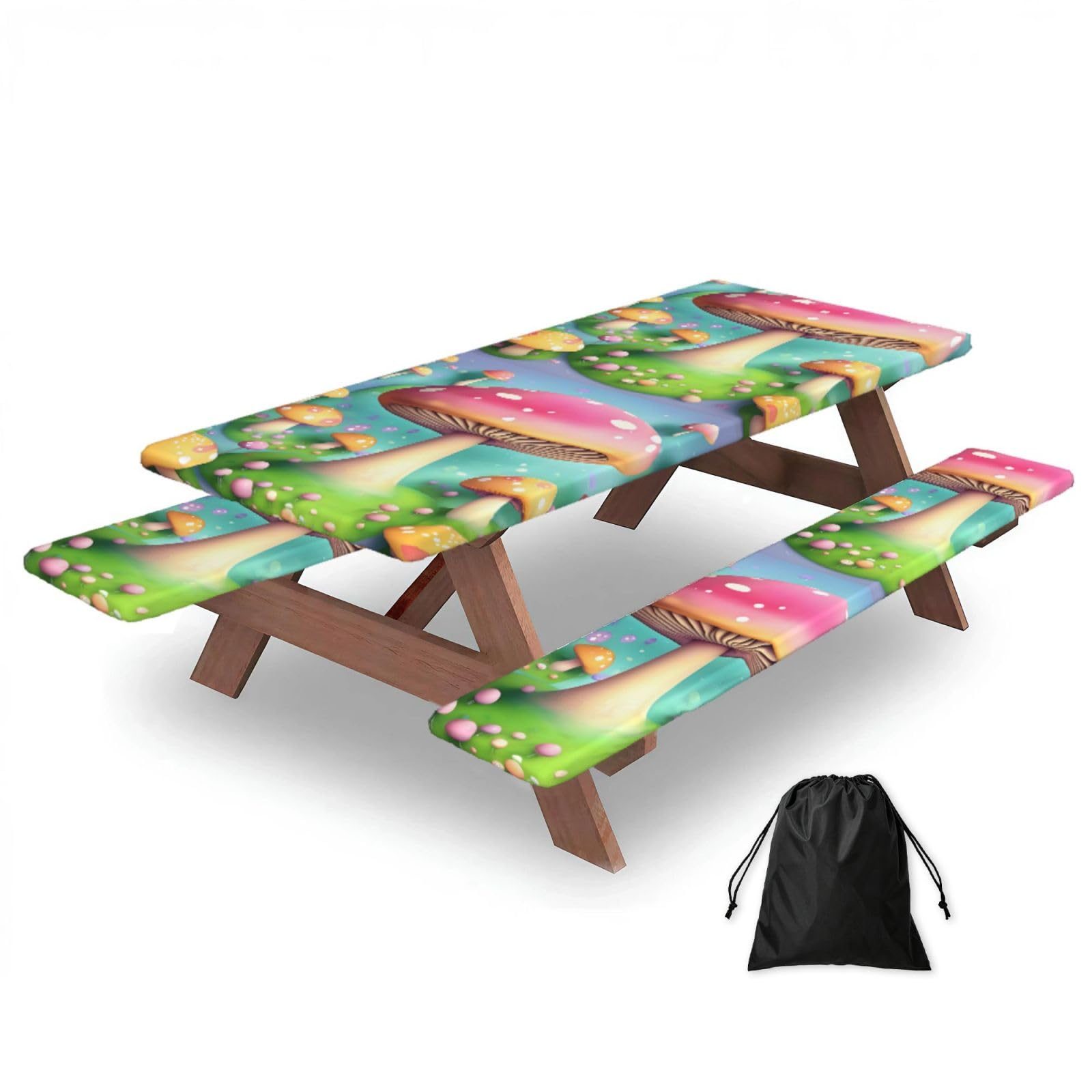 Hhbiuuo Black 72In Camping Table Cover & Bench Covers 3-Pack Set, Wonderful Little Mushrooms Print Tablecloths, For Rectangle Tables Picnic