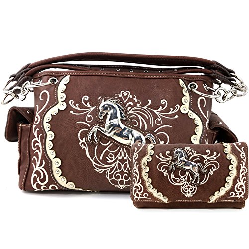 Justin West Horse Embroidery Studded Concealed Carry Handbag Purse Matching Wallet (Brown Handbag and wallet)