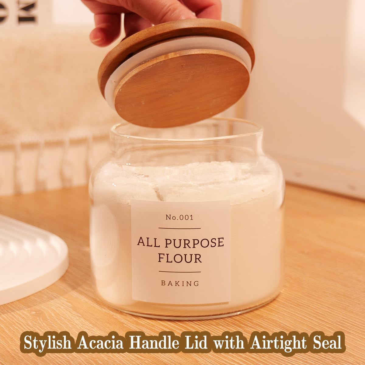 4 Pack Glass Pantry Storage Containers with 132 Pantry Labels - 37 FL OZ Kitchen Glass Canisters with Bamboo Airtight Lids - Farmhouse Glass Pantry Jars for Cookie, Rice, Pasta, Cereal, Bath Salt