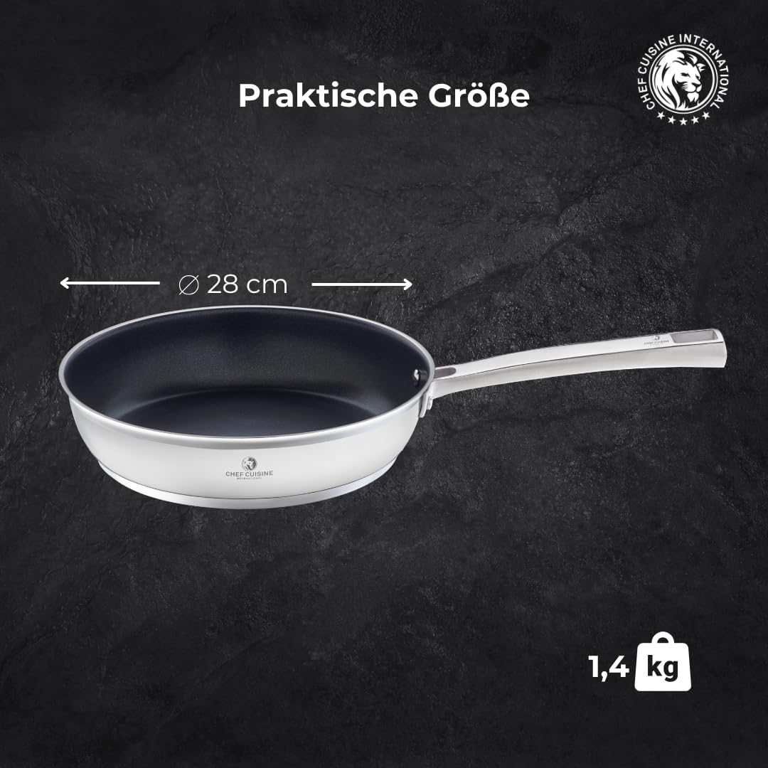 CHEF CUISINE Bratpfanne mit Teflon Antihaft Beschichtung ganz ohne anhaften – Edelstahl mit Antihaft-Beschichtung – alle Herdarten inkl. Induktion - backofengeeignet (28 cm)
