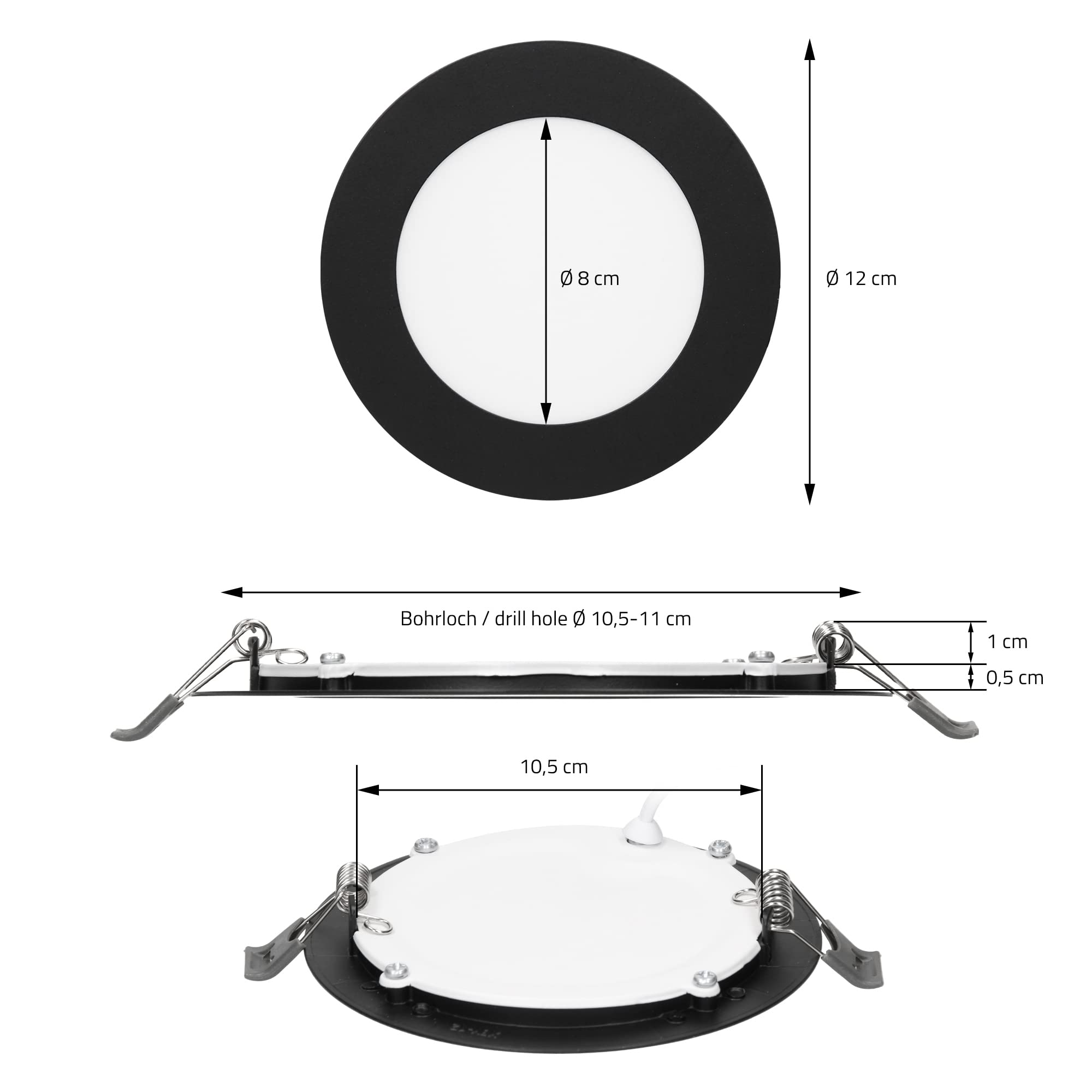 ECD Germany Juego de 10 Focos Empotrables Panel LED 6W Redondo Ø12cm Negro Sustituye A Las Halógenas De 35W Luz Blanco Frío 6000K 339 Lúmenes IP44 No Regulable Ultraplano Transformador Lámpara Techo