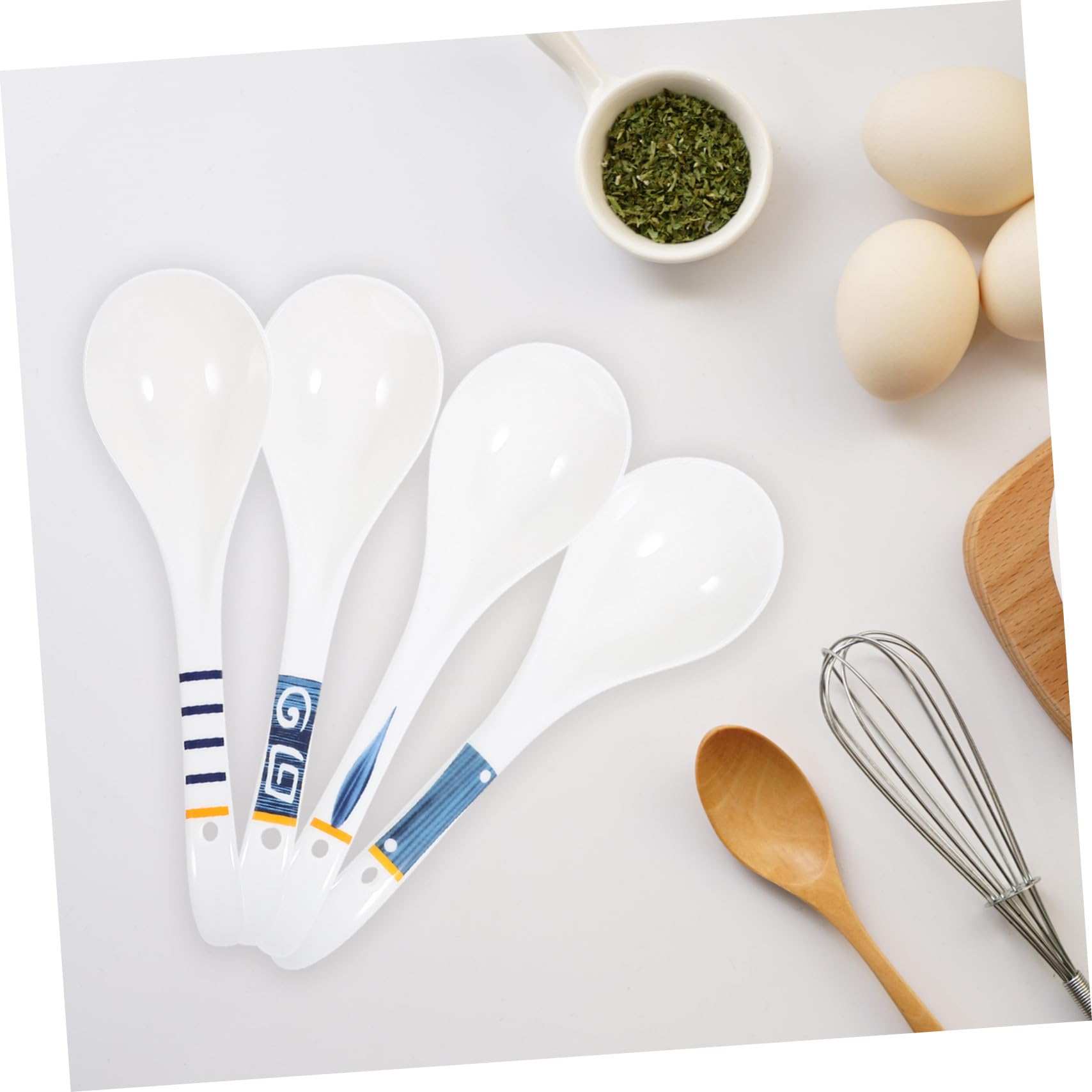 4 Stück Keramik Suppenlöffel mit Langem Geschwungenem Griff Spülmaschinengeeignet Japanisch Vintage für Suppe und Reisbrei