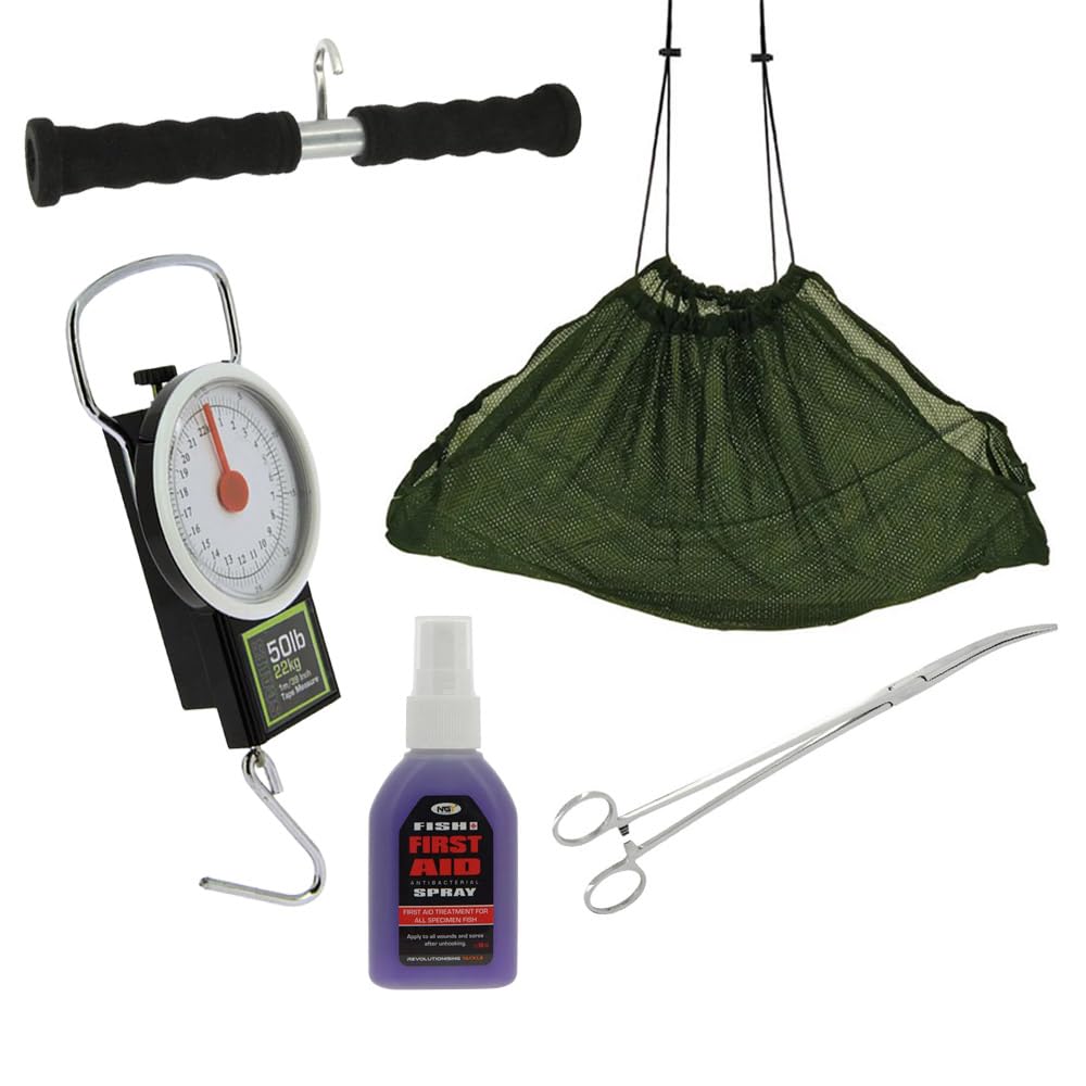Set Waage mit Wiegenetz, Wiegegriff, Fish First Aid Spray, Hakenlöser Carp Scale inklusive Wiegesack Mechanische Fischwaage karpfenwaage analog Carp Fishing