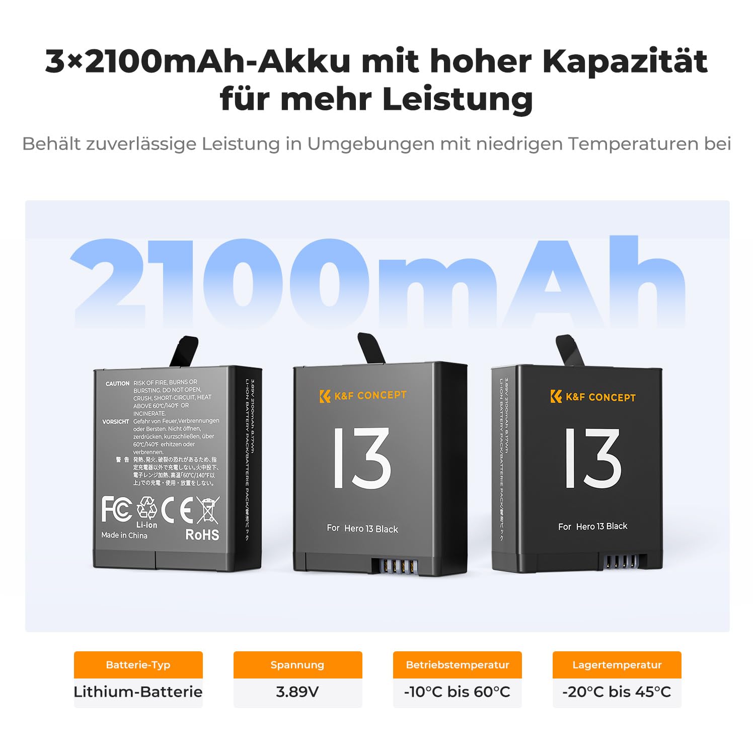 K&F CONCEPT Hero 13 Kamera Akku 2100mAh, Dreifach-Power, Dreifach-Slot mit Organizer Typ LED-Ladegerät-Kit kompatibel mit GoPro13 Black