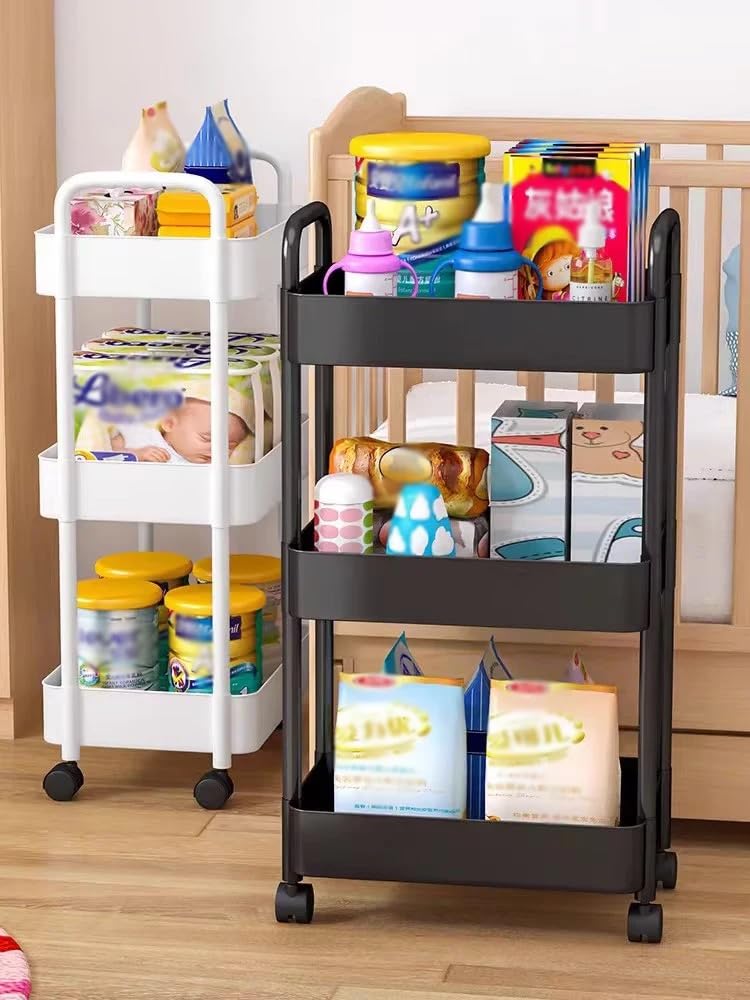 VIO® 3 Tier Portable Utility Rolling Storage Cart Trolley on Wheels Multifunctional Easy Assemble Basket Organizer Shelves for Home Kitchen Bedroom Bathroom Laundry Baby Room Office Cafe (Black)