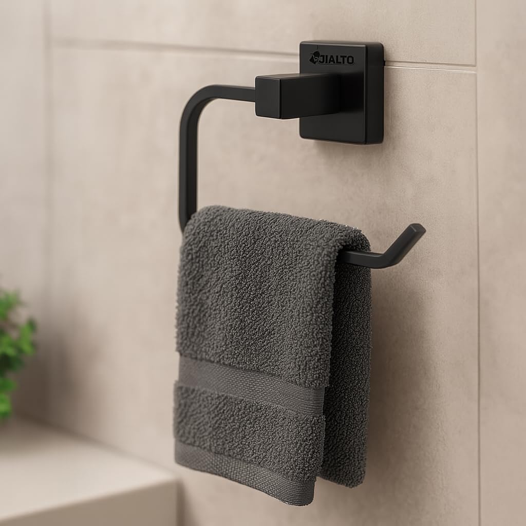 JIALTO 1 PCS Self Adhesive Towel Ring Matte Black, Oval Shaped Modern Hand Towel Holder, Stainless Steel Adhesive Hand Towel Hanger for Bathroom & Kithen Wall Mount (No Drilling) (Black) — Amazon image 11