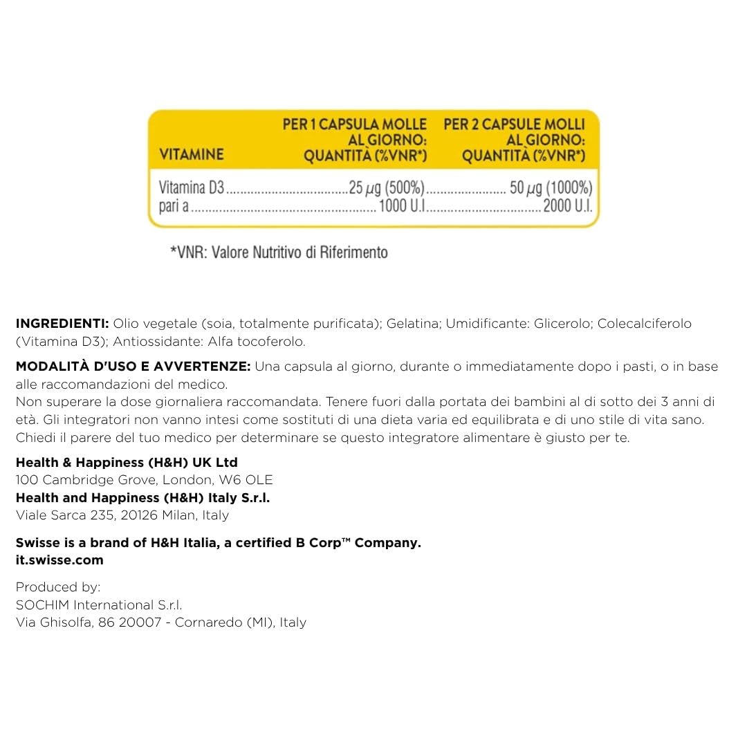SWISSE Ultiboost- Vitamina D 2000 UI, Integratore Difese Immunitarie Adulti, Integratori Alimentari Donna e Uomo con vitamina D3 per Mantenimento Ossa e Denti Sani, Made in Italy, 100 Capsule Molli