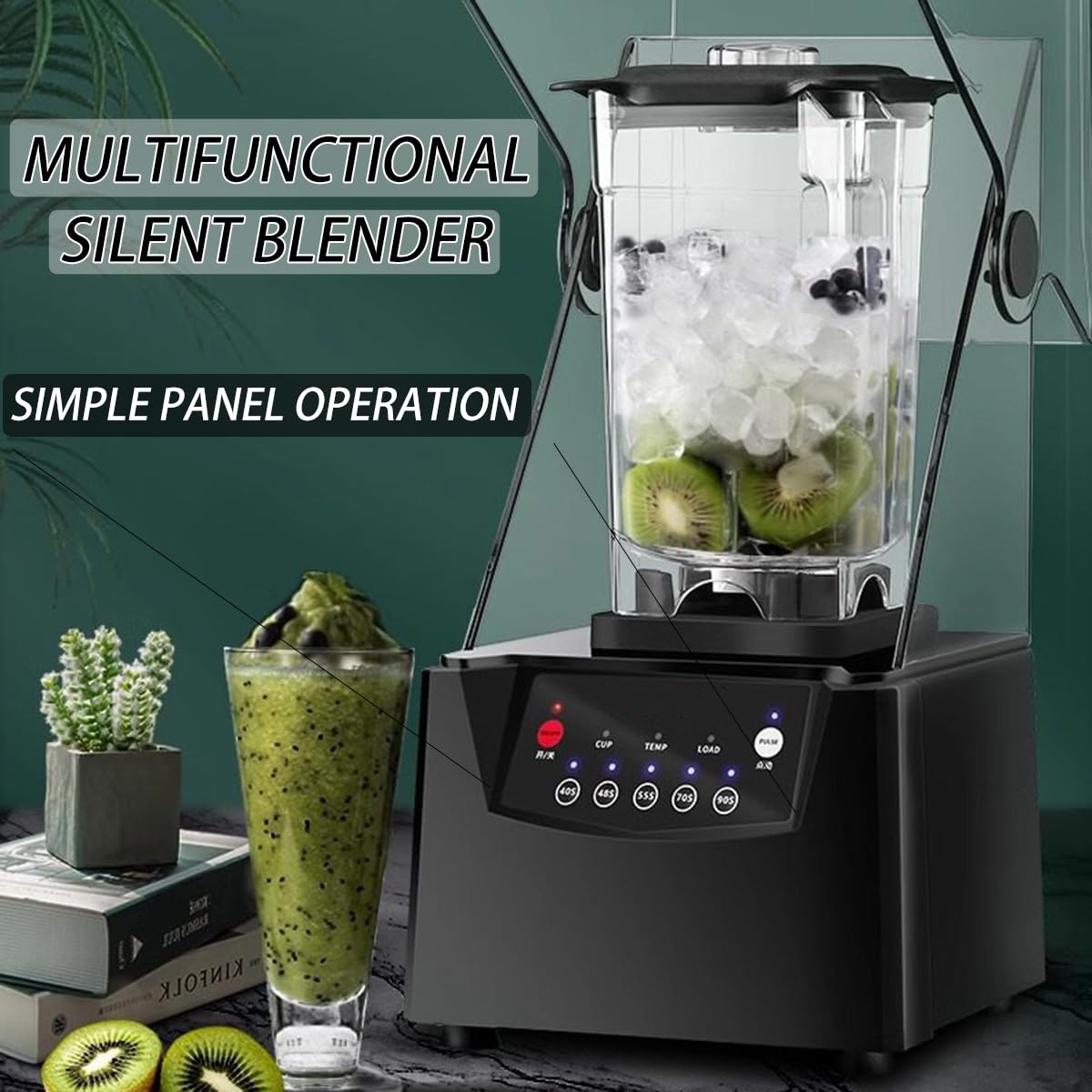 Blender do lodu do mrożonych napojów - 2600W z dźwiękoszczelną pokrywą, inteligentnym panelem, 6-ostrzową konstrukcją do smoothie, orzechów, lodu i owoców