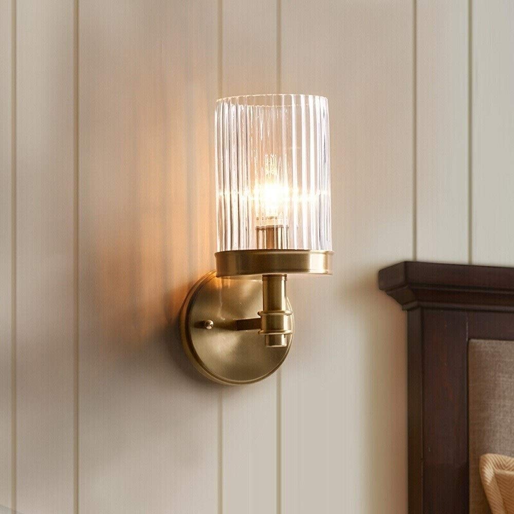 Moderne Innenwandleuchte Schlafzimmer Nacht Leselampe Einfachheit Spiegel Frontleuchte Gebürstetes Gold Finish Nordische Wandleuchte Wandleuchte für Wohnzimmer Kupfergitter Gestreifte Glaswandleuchte