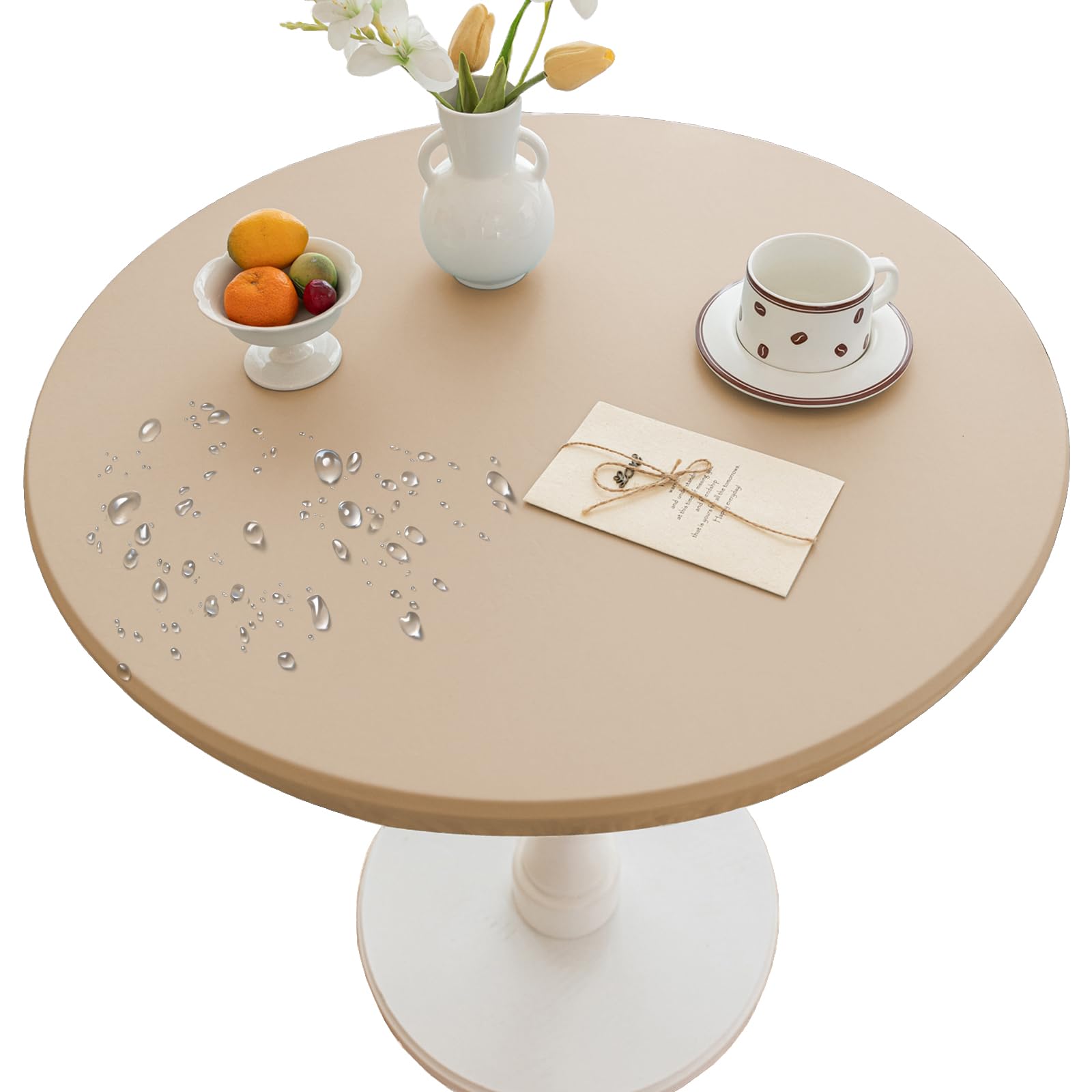 Thdsubb Round Tablecloth Leather Waterproof Tablecover Elastic Edged Fitted Table Protector Cover Wipeable for Home Picnic Party (Beige,100cm)