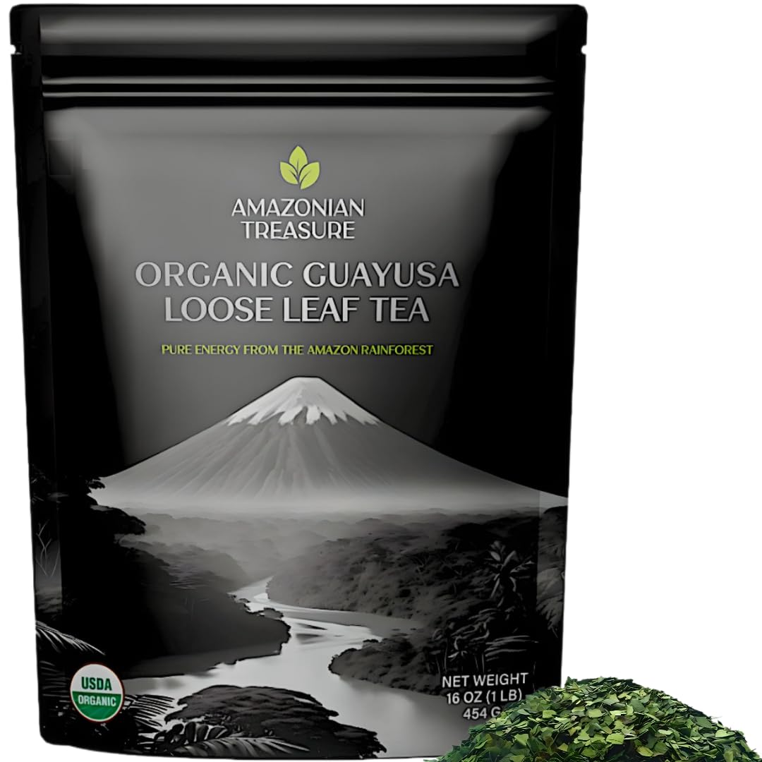 Amazonian Treasure Organic Guayusa Loose Leaf Tea, 16 OZ (1LB), Smooth Energy Boost, Alternative to Coffee & Yerba Mate, 60 mg Caffeine per Serving.USDA Organic