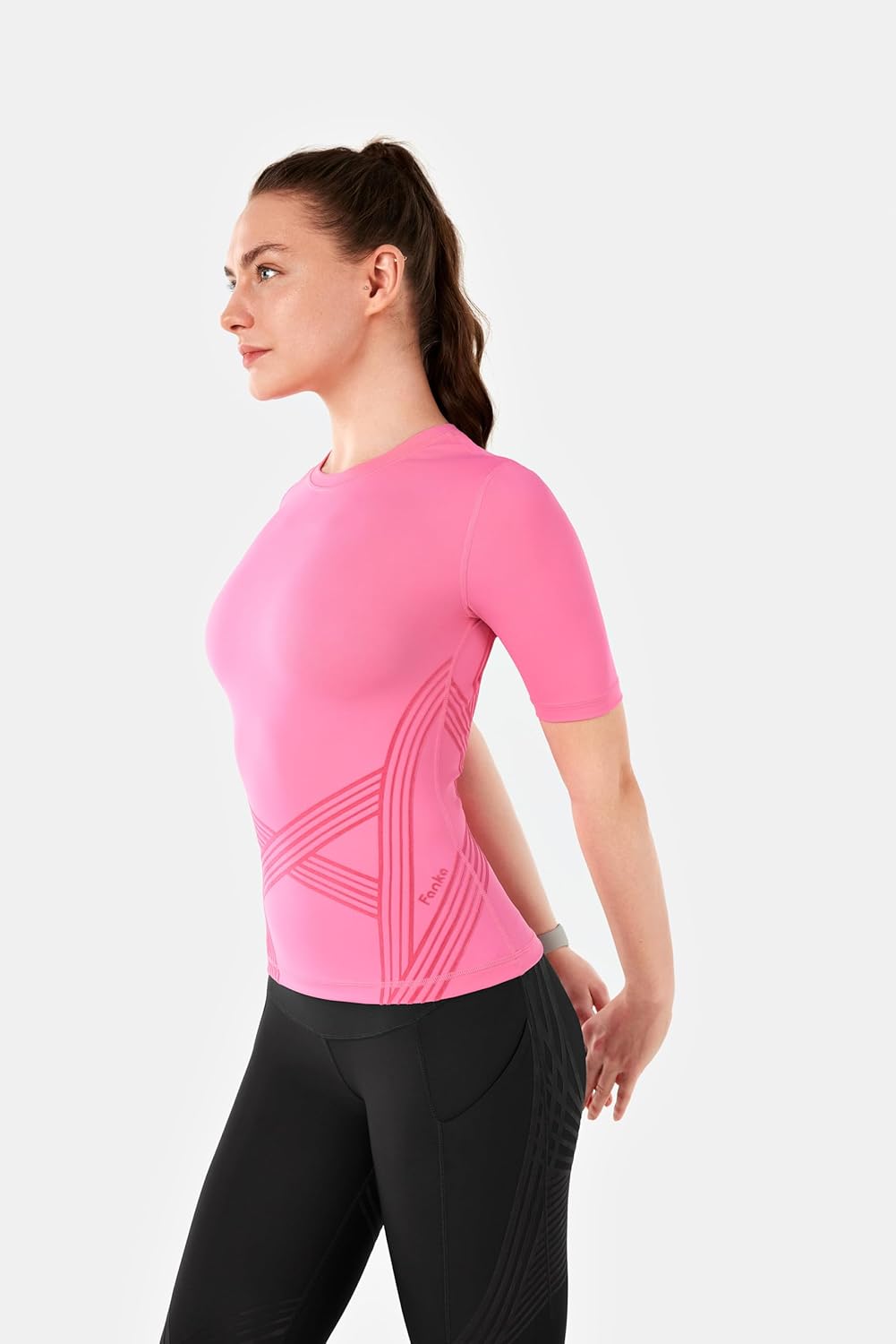 Fanka Powerband Resistance Short Sleeve Top for Women – Muscle Support & Arm Stability, Compression Fit,Sugar Pink,L