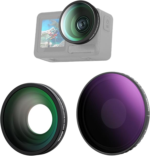 NEEWER Variable ND Filter Lens Kit Compatible with DJI Osmo Action 5 Pro/4, Screw On Multicoated HD Optical Glass ND8-32 (3-5 Stops) + 185° FOV Wide Angle Lens Action Camera Accessories, FL-54