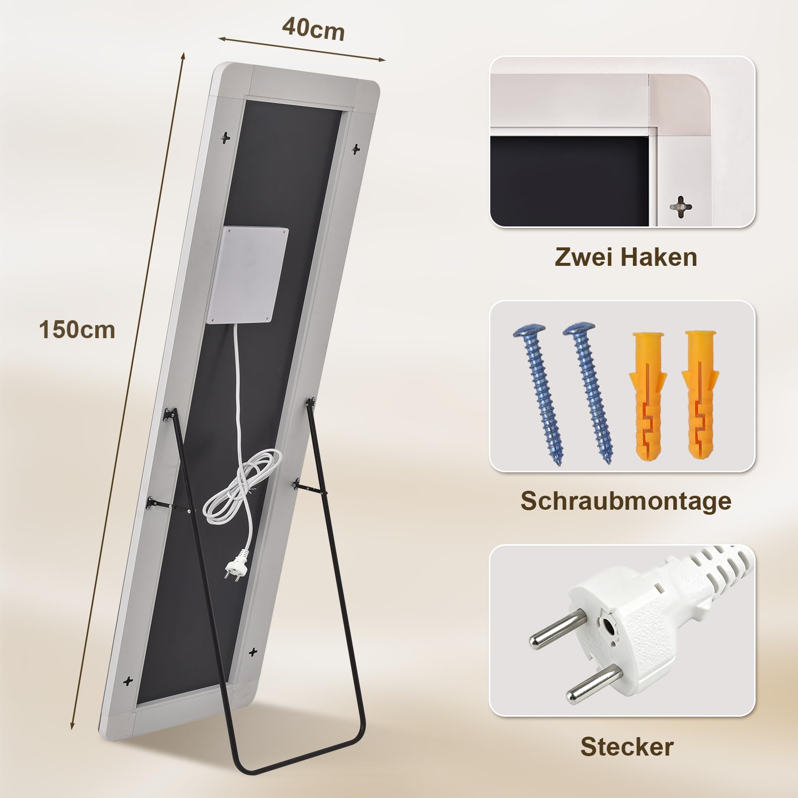 Koonmi 152x40cm Ganzkörperspiegel mit Beleuchtung, Sicherheitsglas Größe LED Ganzkörperspiegel mit Dimmen & 3 Farbbeleuchtungen, Standspiegel für Schlafzimmer, Ankleidezimmer, Gästezimmer Rechteck