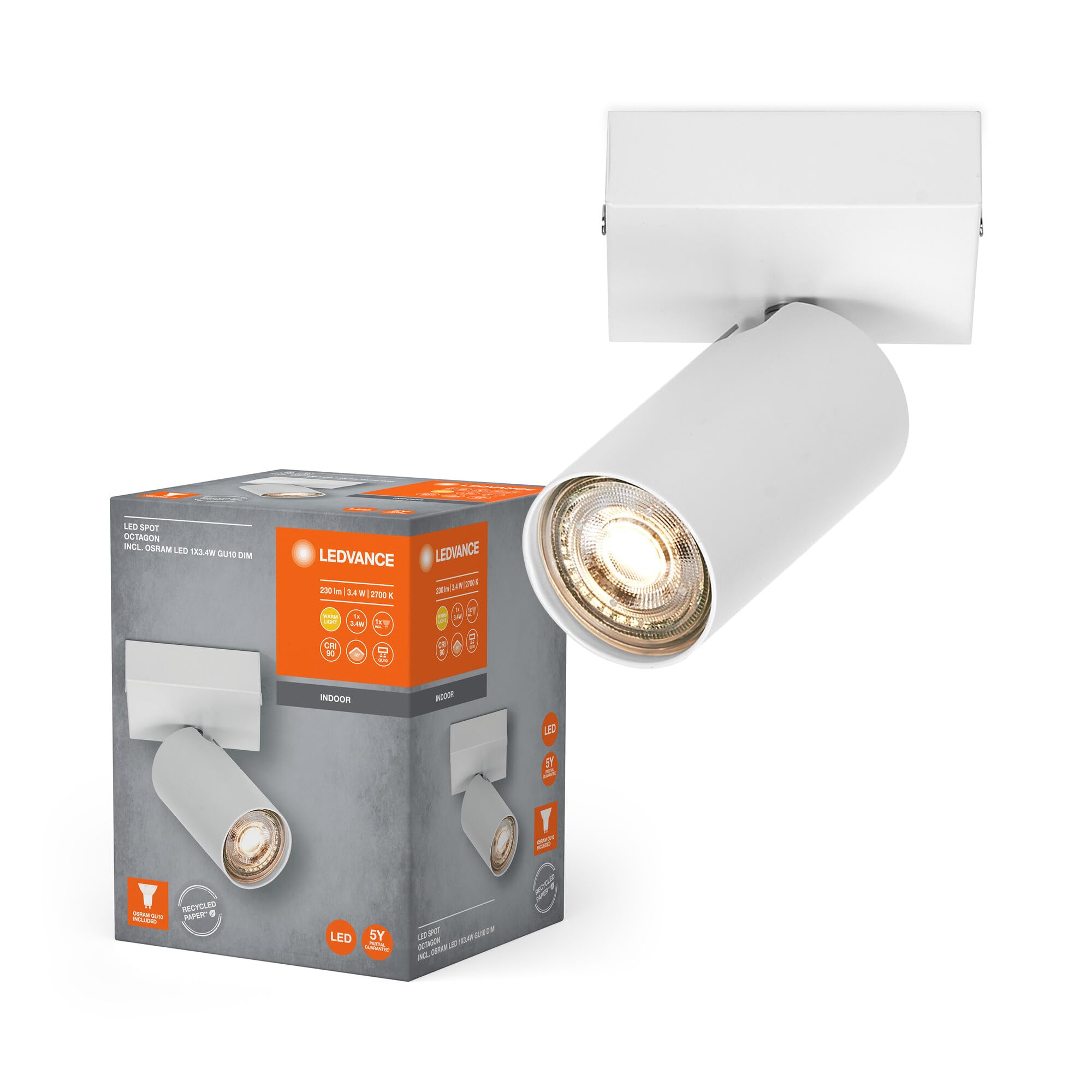 LEDVANCE LED SPOT Octagon 1 x 3.4W, GU10, 230lm, White, 2700K Color Temperature, Warm White Light Color, Timeless Design, Replaceable LED lamp, Ideal for Indoors, CRI 90, Adjustable Heads, dimmable