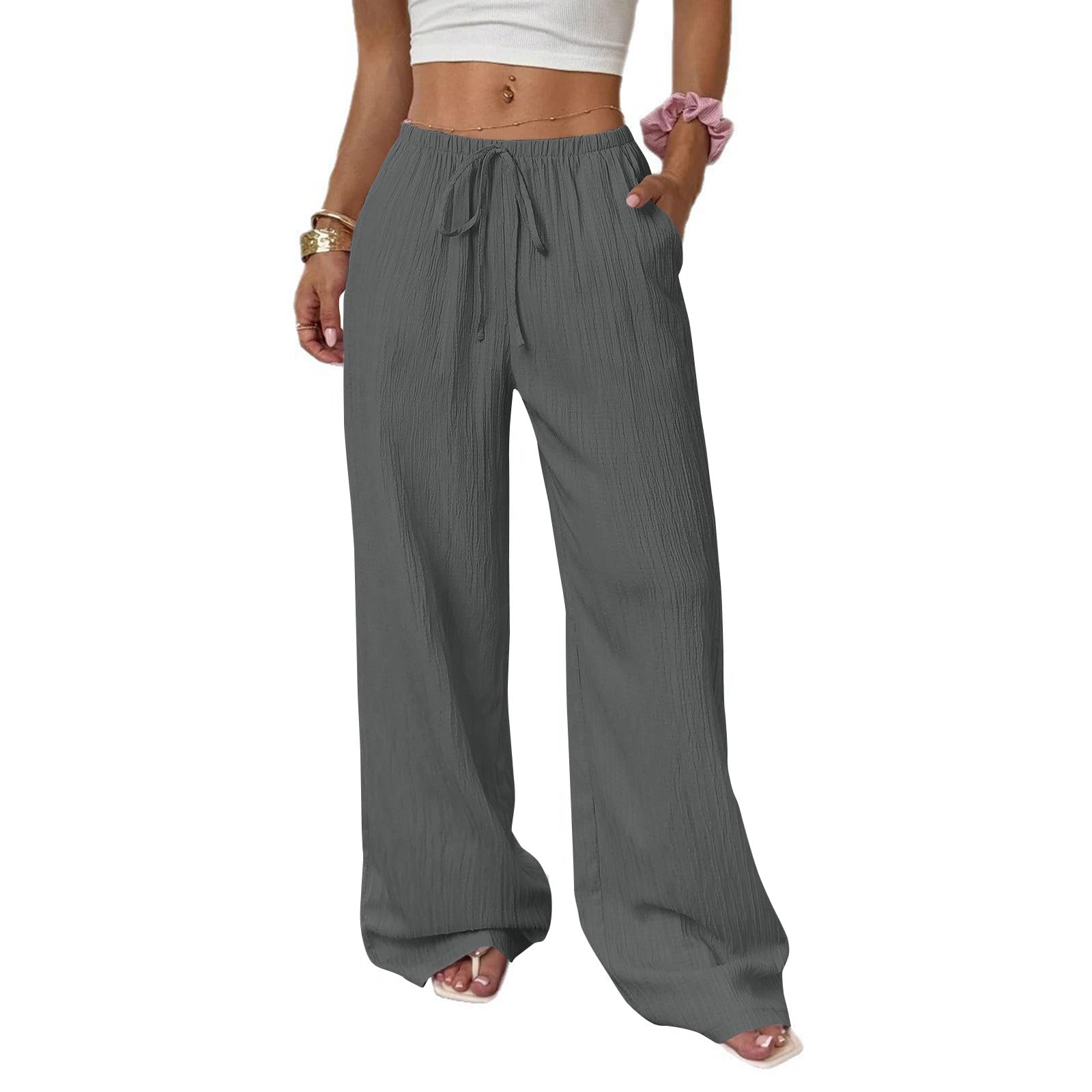 FlekmanArt Pants for Women Wide Leg High Elastic Waist Trouser Textured Loose Palazzo Pants 2025 Fall Dressy Loose