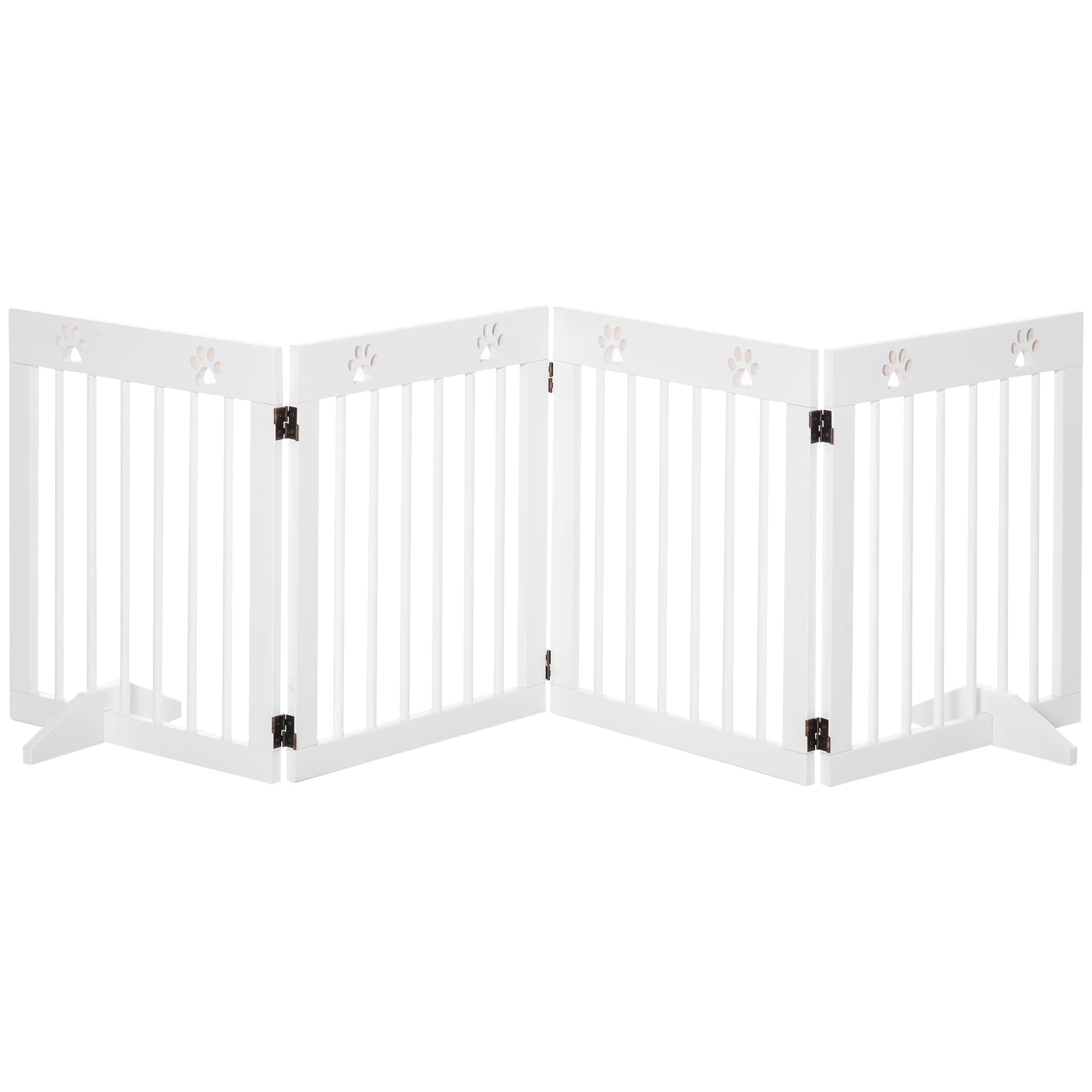 PawHut Absperrgitter Hund 4-teilig, 204 x 61 cm Faltbar Türschutzgitter mit 2 Stützfüßen, Freistehend Hundegitter, Treppengitter aus Holz für Flur, Treppe, Weiß