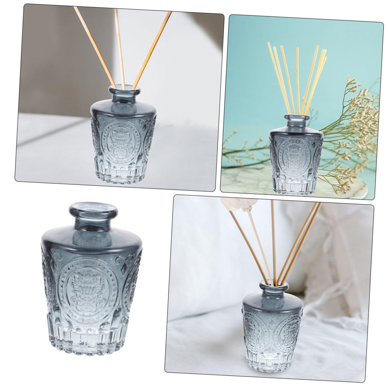 SOLUSTRE 4 Stück Glas Aromatherapie Diffuser Flaschen Graue Duftflaschen für Ätherische Öle Nachfüllbare Raumduft Behälter Elegantes Design für Haushalt und Dekoration