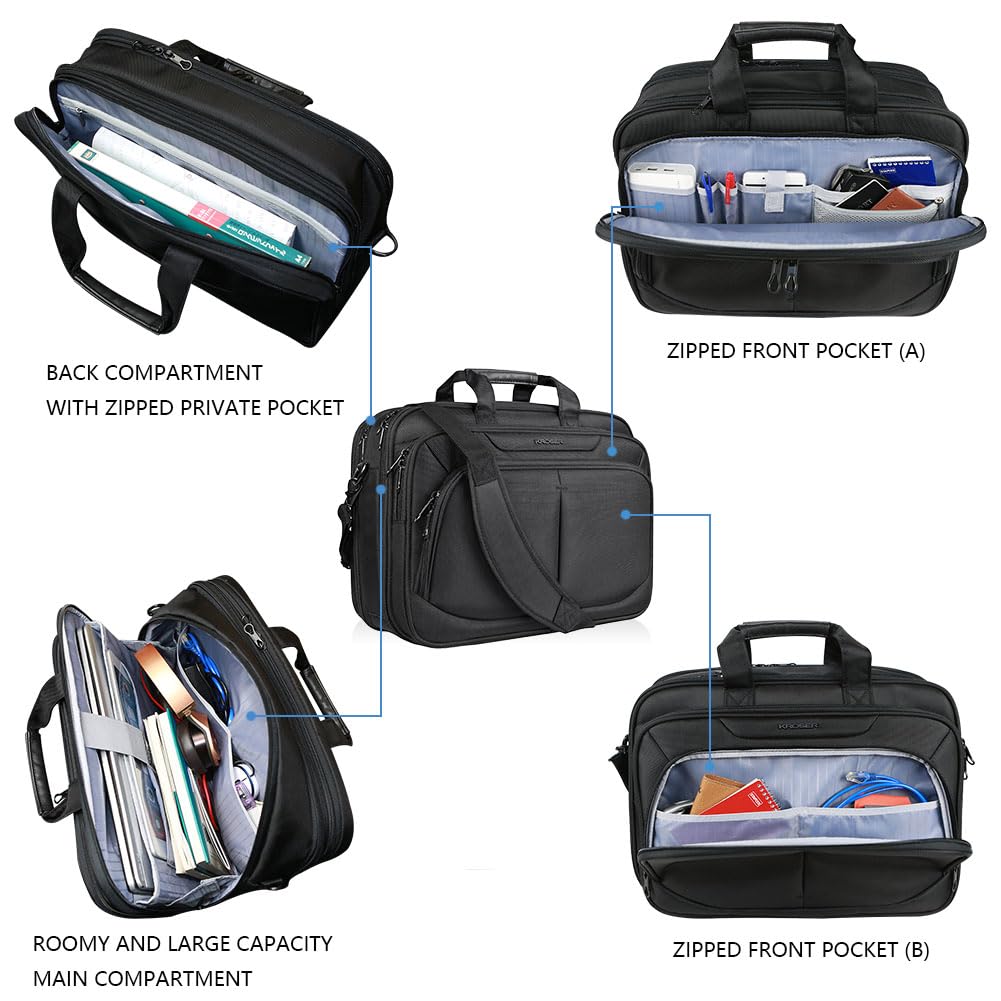 KROSER Bandolera para Portátil 17.3 pulgadas Maletín Mochila de Trabajo Antirrobo Impermeable Mochila para Ordenador Portátil con Bolsillos RFID para Estudiantes/Viajes/Mujeres/Hombres-Negro