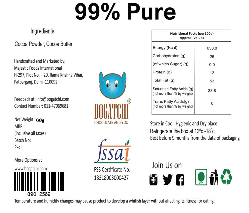 Image of BOGATCHI Premium 99% Dark Chocolate | Pure | Real Cocoa Intense Dark Chocolate, 80 gm