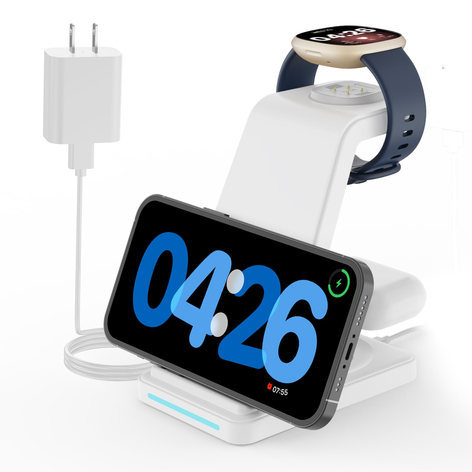 Caricabatterie wireless per Fitbit Versa 4/3: stazione di ricarica JoyGeek 3 in 1 per Fitbit Watch Sense 2/Sense – Supporto caricabatterie per telefono per Google Pixel 7 Pro/7/6 Pro/6/5 e Pixel Buds
