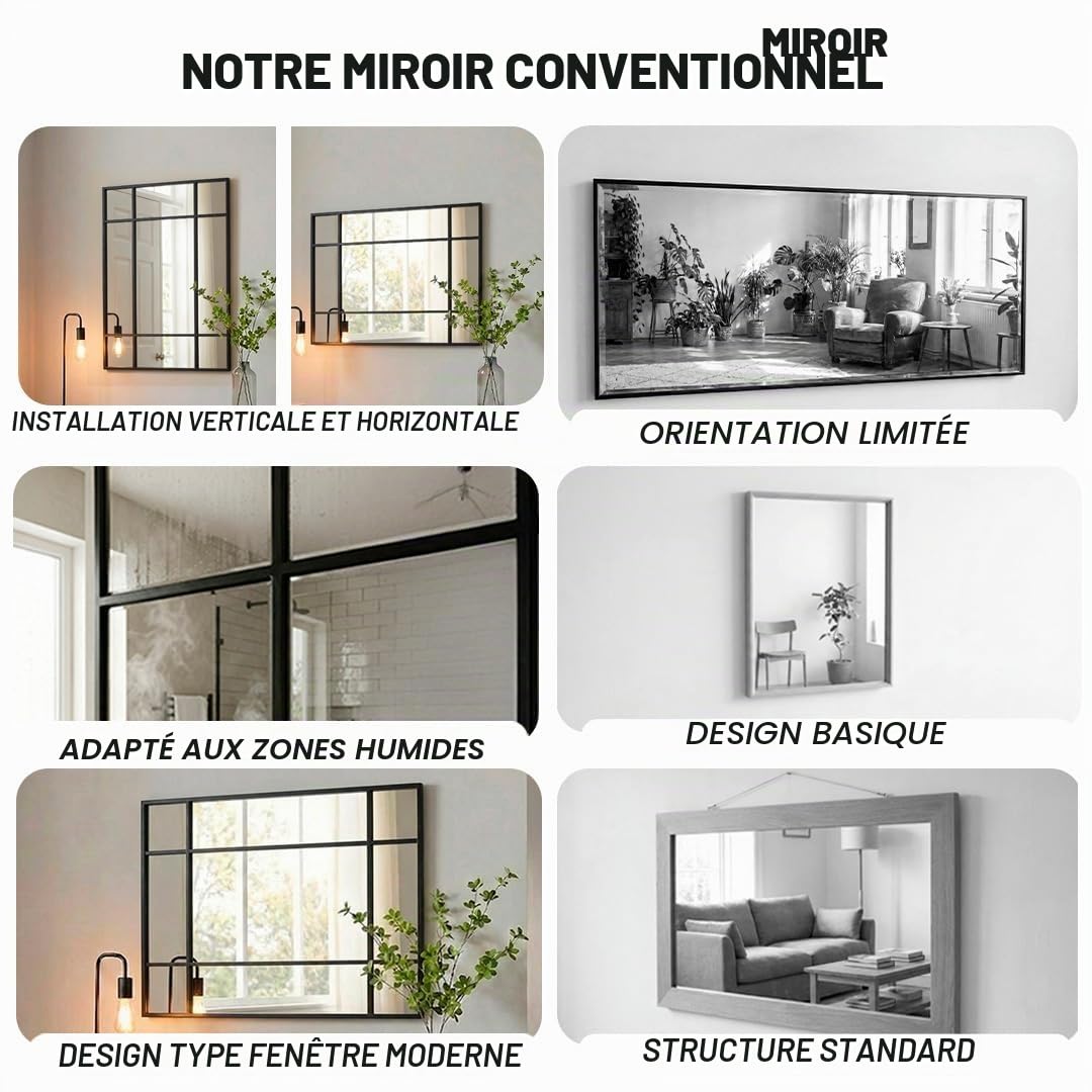 Marctani Miroir de fenêtre mural 90 x 60 cm - Miroir industriel décoratif avec cadre en métal - Design rectangulaire effet fenêtre pour entrée, salon
