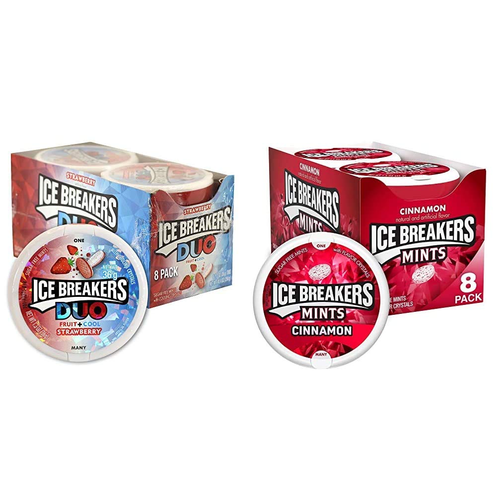 Ice BreakersDuo Fruit Plus Cool Strawberry Sugar Free Breath Mints Tins (8 Count) and ICE BREAKERS Cinnamon Sugar Free Breath Mints Tins (8 Count)