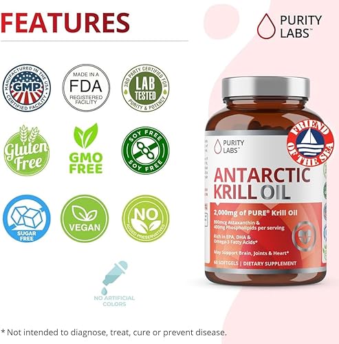 Miniatura 6 de Purity Labs Aceite de krill antártico de 2000 mg Omega-3 con astaxantina 800mcg – Suplementos veganos para apoyar la memoria, el corazón, la salud