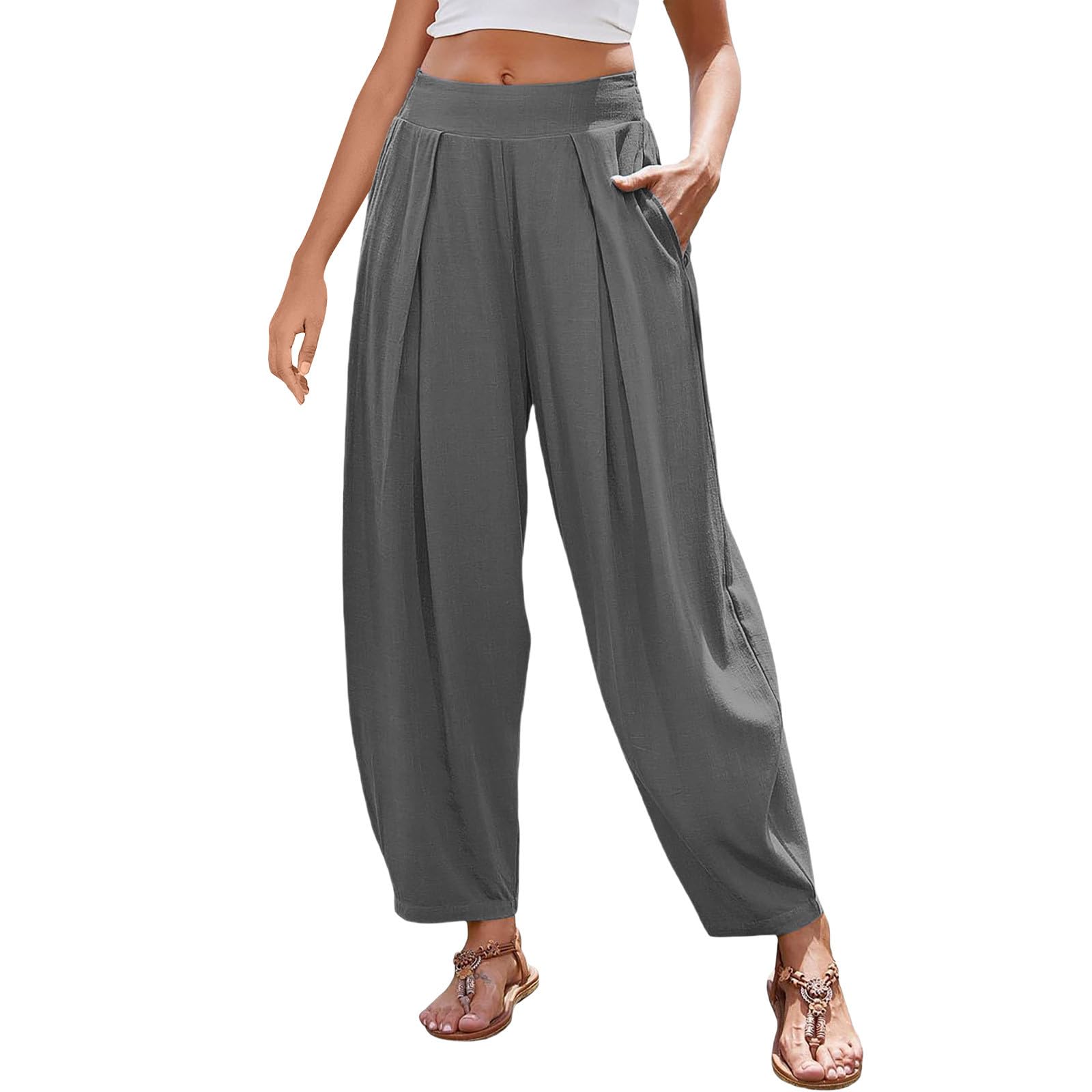 Linen Harem Capri Pants for Women Loose Fit Beach Vacation Boho Pant High Waisted Wide Leg Cropped Summer