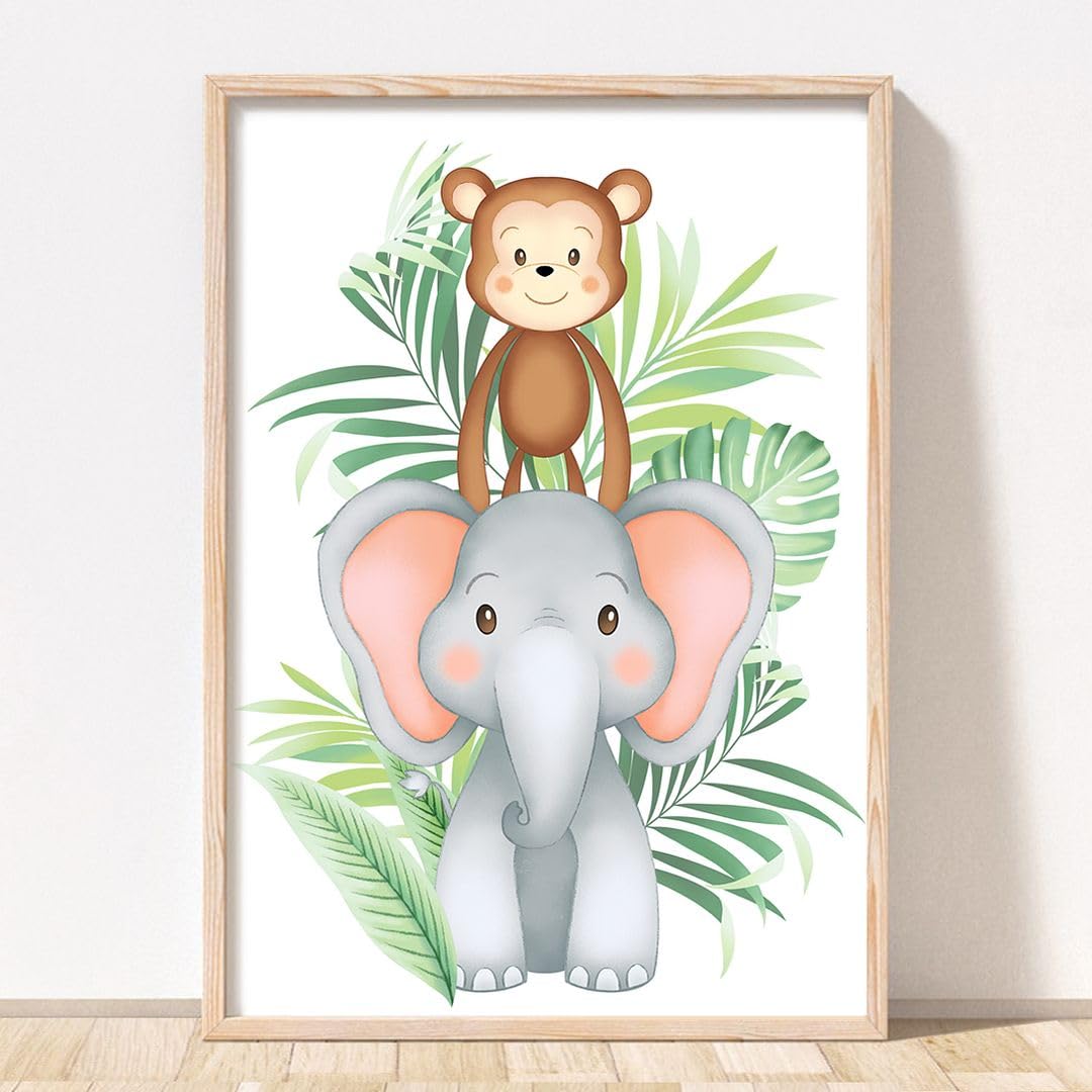 Rubybloom Designs Elephant & Monkey Single Print Safari Jungle Animal Nursery Print - A3 Unframed - Childrens Tiger Lion Giraffe Elephant Zebra Monkey Picture Wall Art Gift