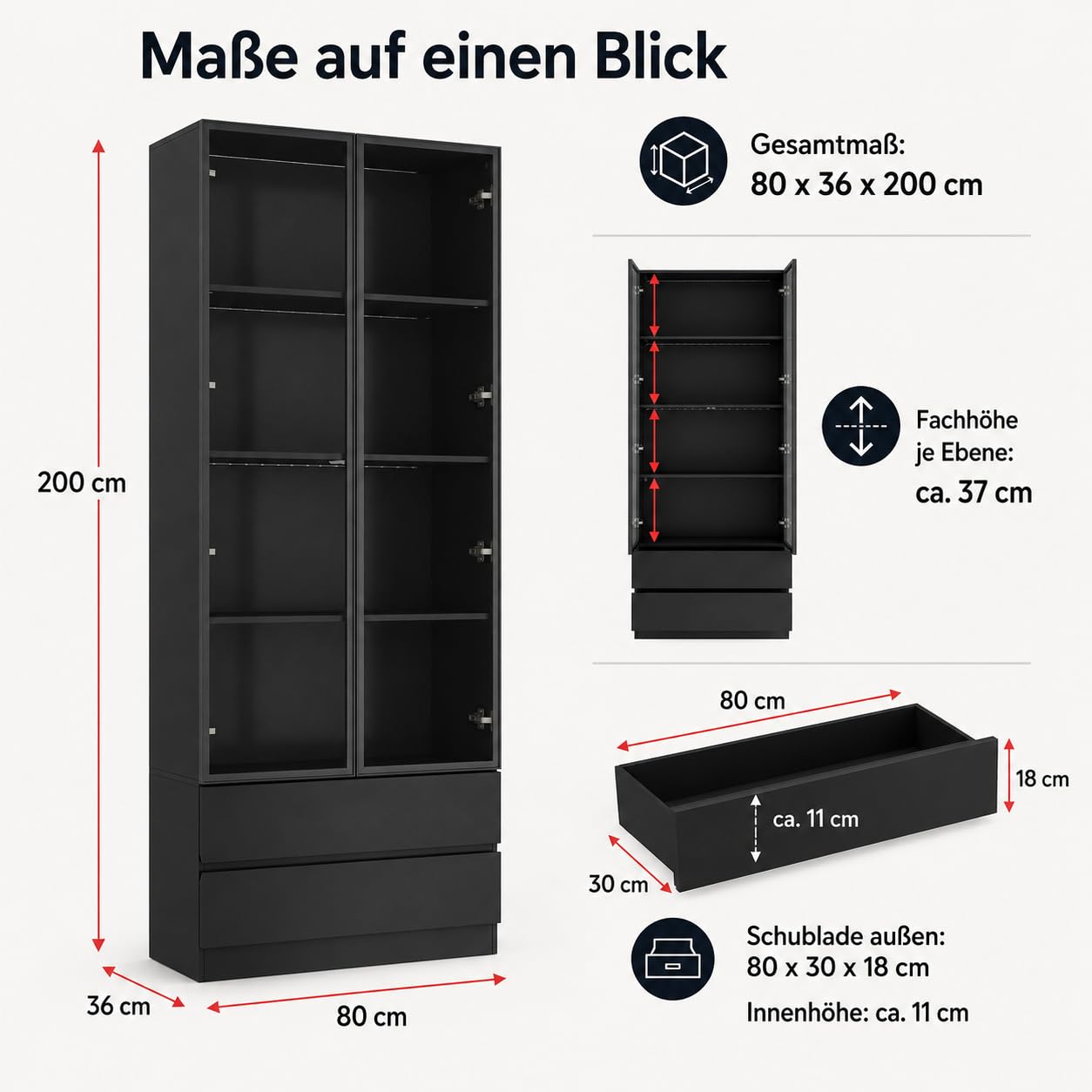 Vitrine, Vitrinenschrank,2 Türen 2 Schubladen Schwarzglas Vitrine für Wohnzimmer, Esszimmer, Büro, Küche, 80 * 36 * 200cm, MDF, Schwarz