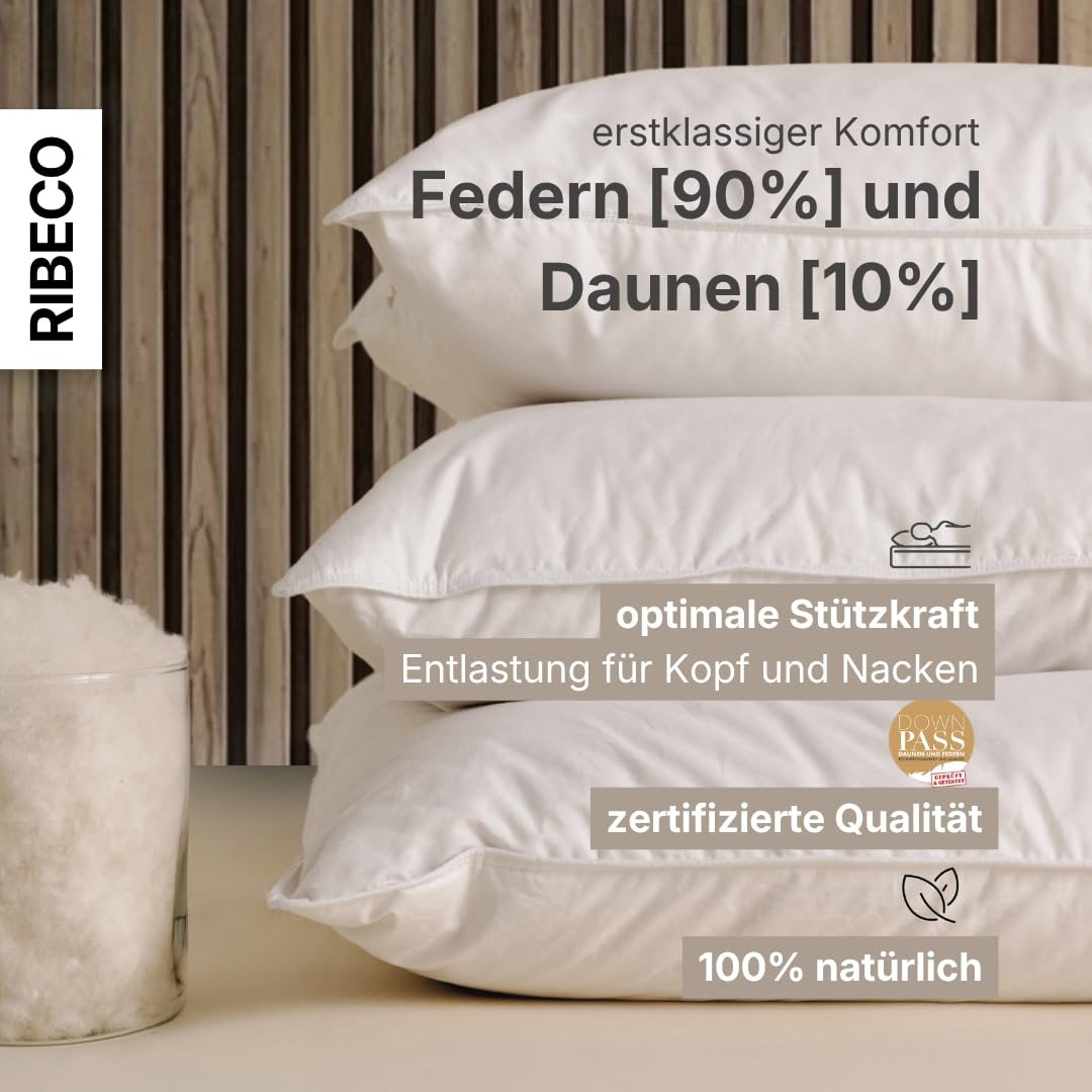 Federkissen Ella, Kopfkissen 80 x 80 cm weiß mit optimaler Stützkraft für den Kopf- und Nackenbereich, hergestellt aus Federn & Daunen, Made in Germany