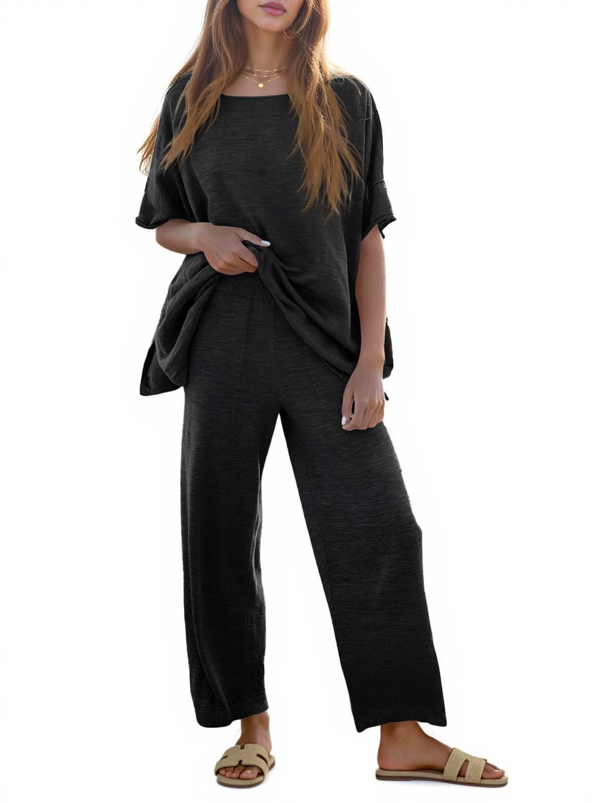 Tankaneo Women's 2 Piece Travel Outfits Casual Short Sleeve Knit Sweater Set Wide Leg Pants Lounge Sets Tracksuit