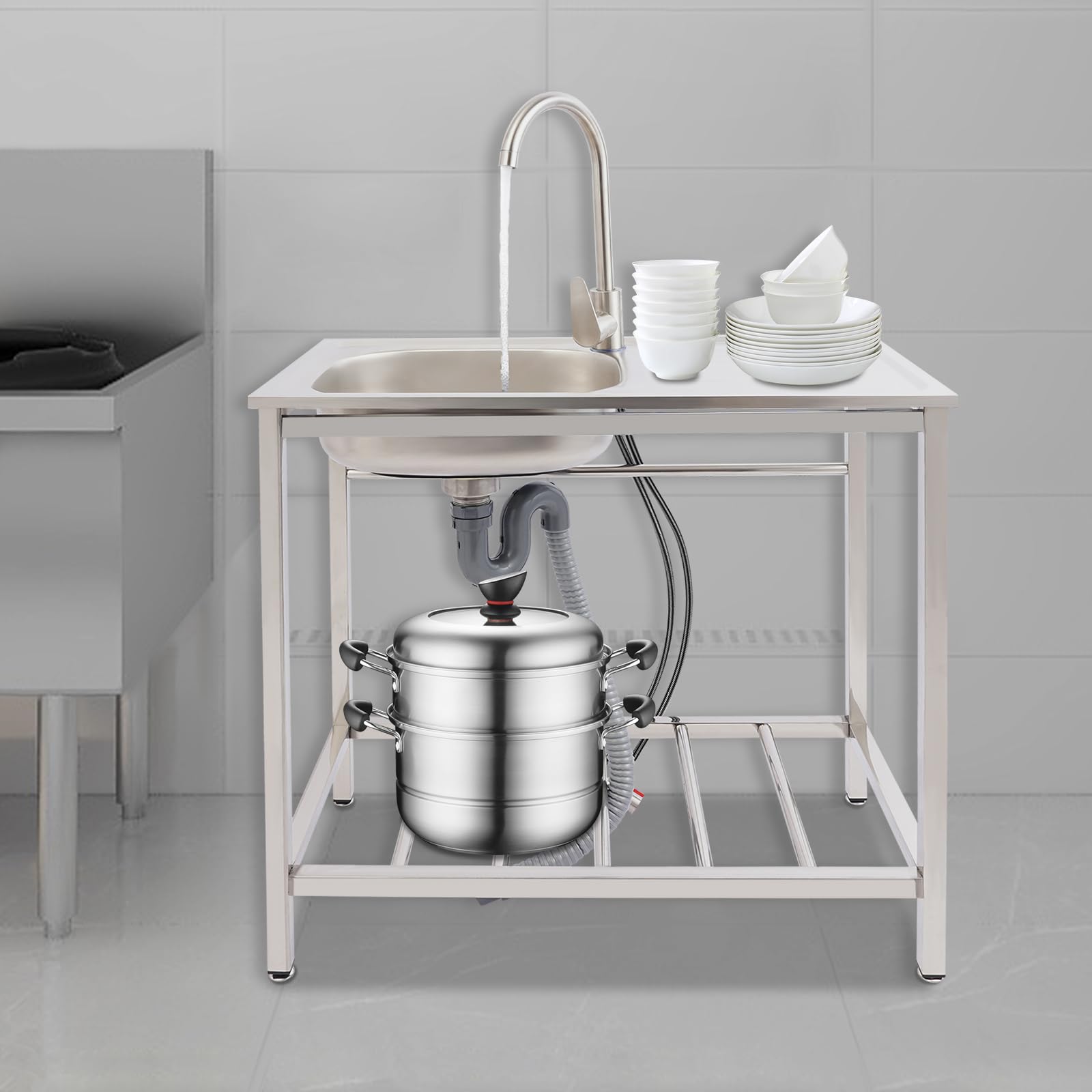 1 lavabo 75x40x78cm fregadero independiente para exteriores, lavabo de acero inoxidable con banco de trabajo y estante de almacenamiento, grifos de agua fría y caliente, capacidad de carga de 40kg