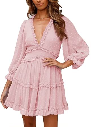 Happy Sailed Womens Summer Long Sleeve Dress 2023 Deep V Neck Ruffle Layer Swing Mini Dresses