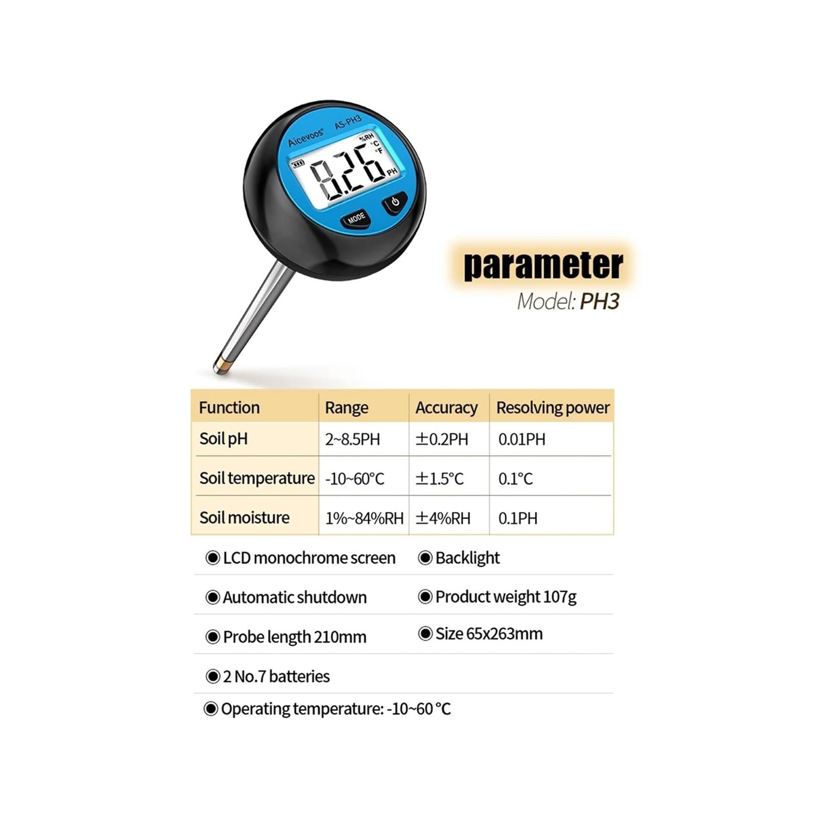 Medidor digital de pH del suelo 3 en 1, monitor de temperatura y humedad, comprobador de actividad de pH, instrumentos de medición de suelo for jardinería