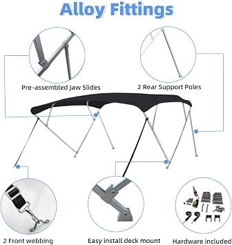 4 Bow Bimini Tops for Boat, 600D Fade and Crack Resistant Bimini Top Cover, Matte Square Support Poles, Black 8'L 54 H 4 Bow 8'L 54 H 85-90 W