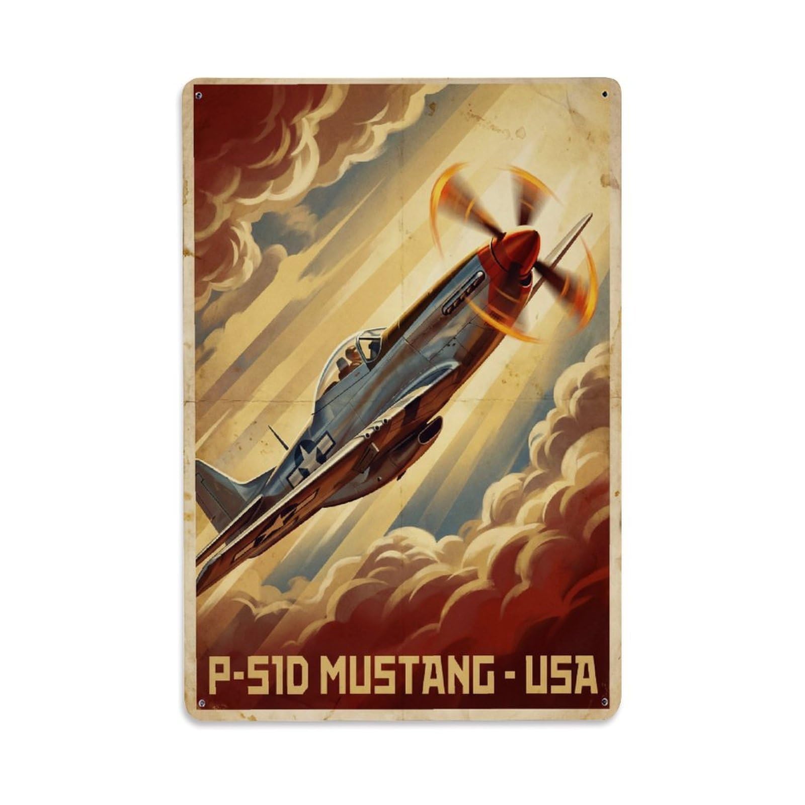 Fighter Aircraft P-51D Mustang Heroic Realism Metal Tin Sign Plaque Wall Decor for Cafe, Man Cave, Club Bar, Office, Home Garden Round Metal Poster 8x12Inch